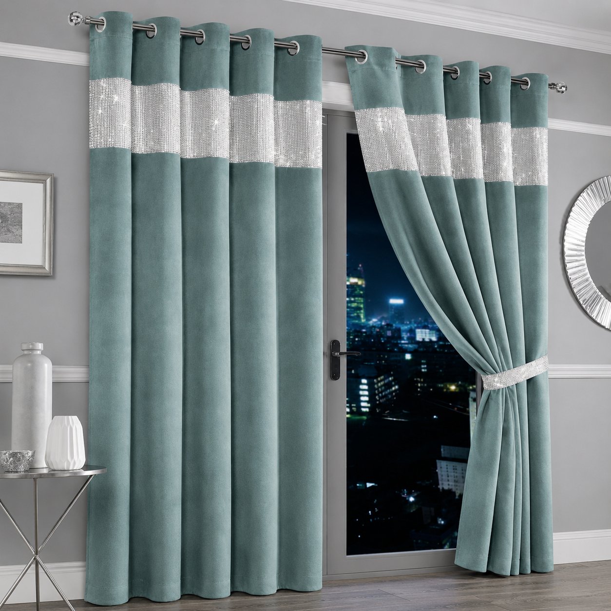 New Edge Blinds Duckegg Diamante Blackout Eyelet Curtains - 167cm x 137cm