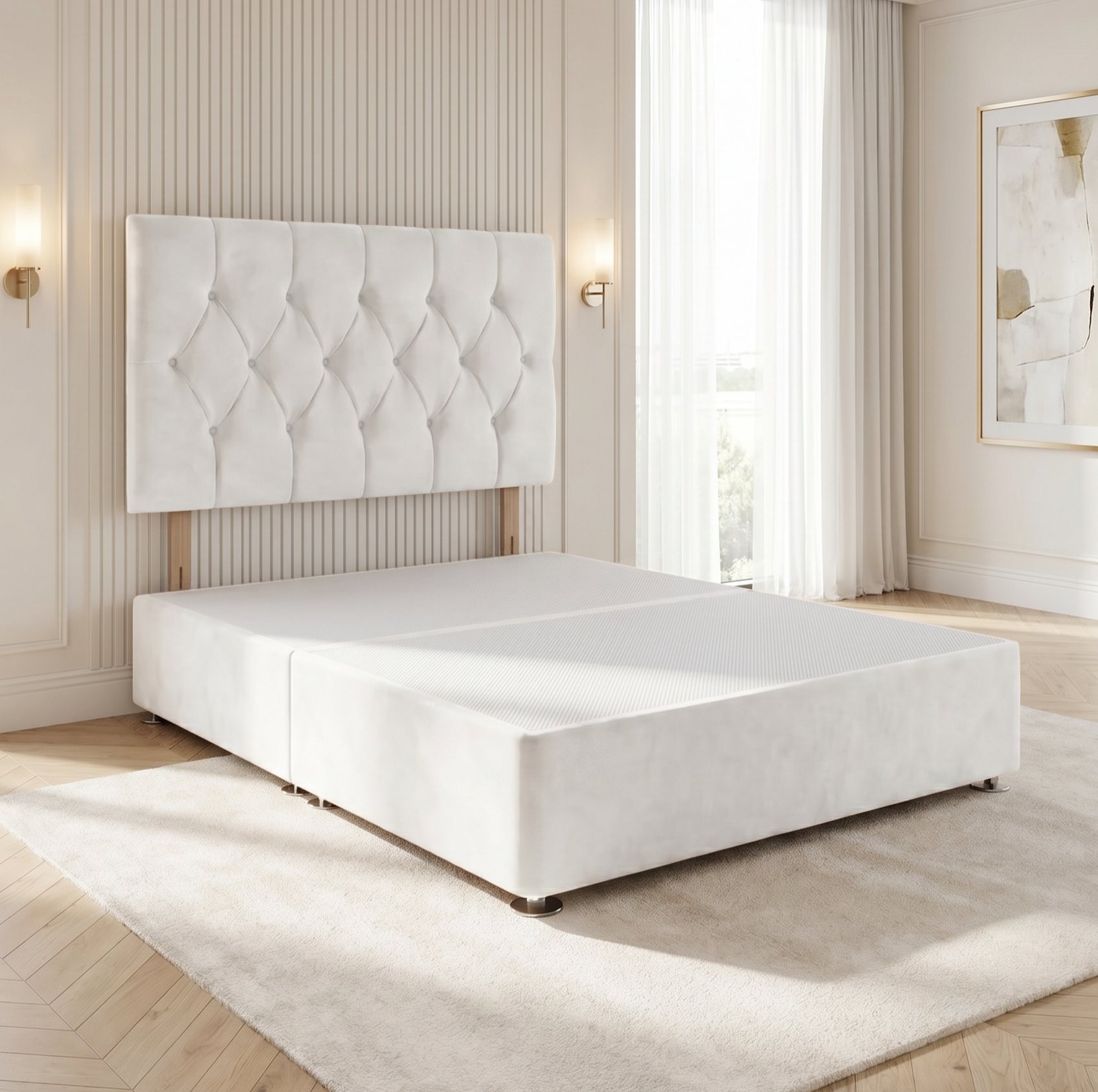Somnior Chester Velvet Small Double Divan Bed with Headboard - White