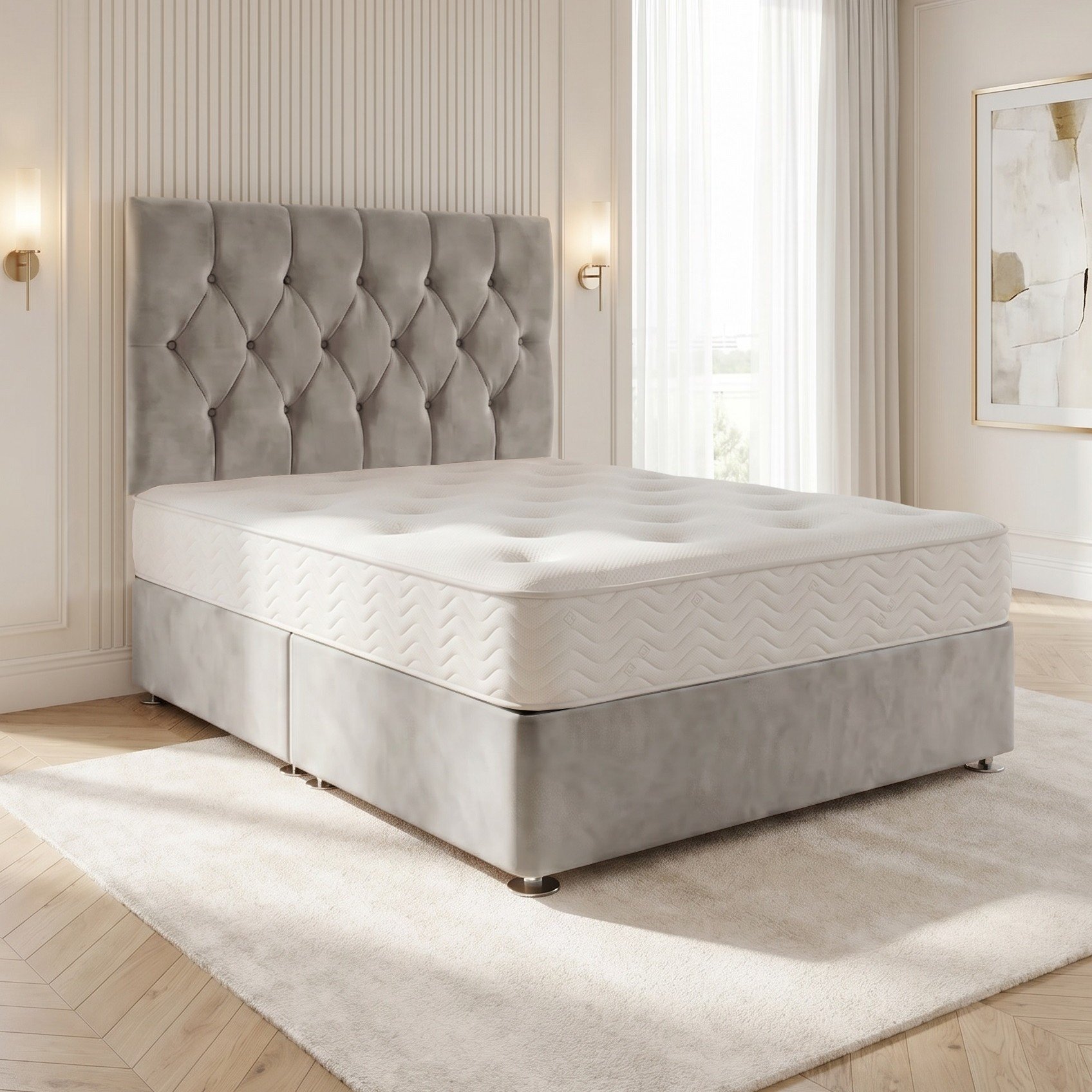 Somnior Chester Velvet Small Single Open Coil Divan Bed Set - Silver
