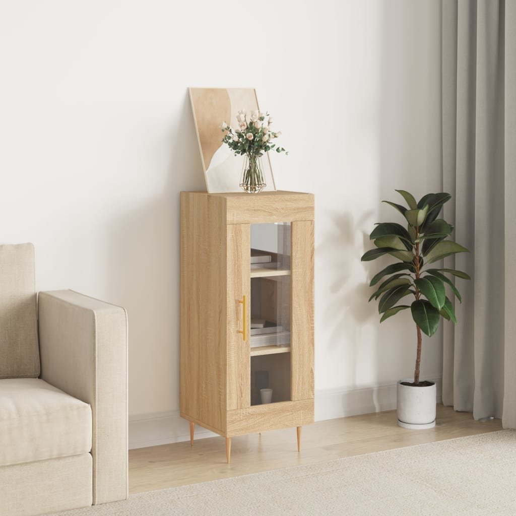 Walplus Engineered Wood Glass Door Sideboard - Light Oak - 34.5 x 34 x 90 cm