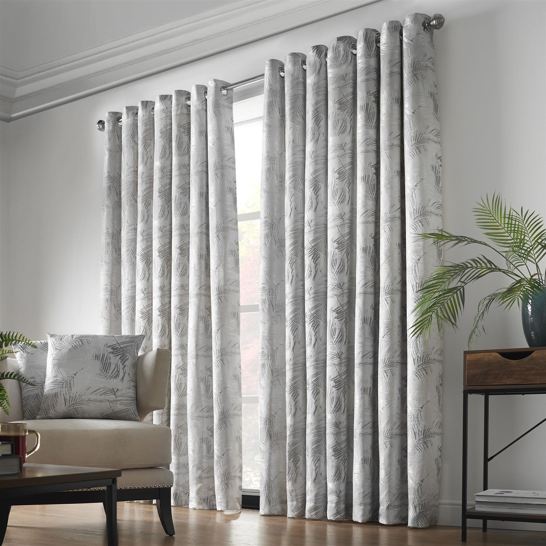 Luxury Living Fern Fully Lined Eyelet Curtains 117cm x 229cm - Silver