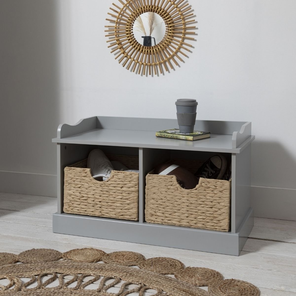 Noa & Nani Stockholm Storage Bench With 2 Brown Baskets - Silk Grey