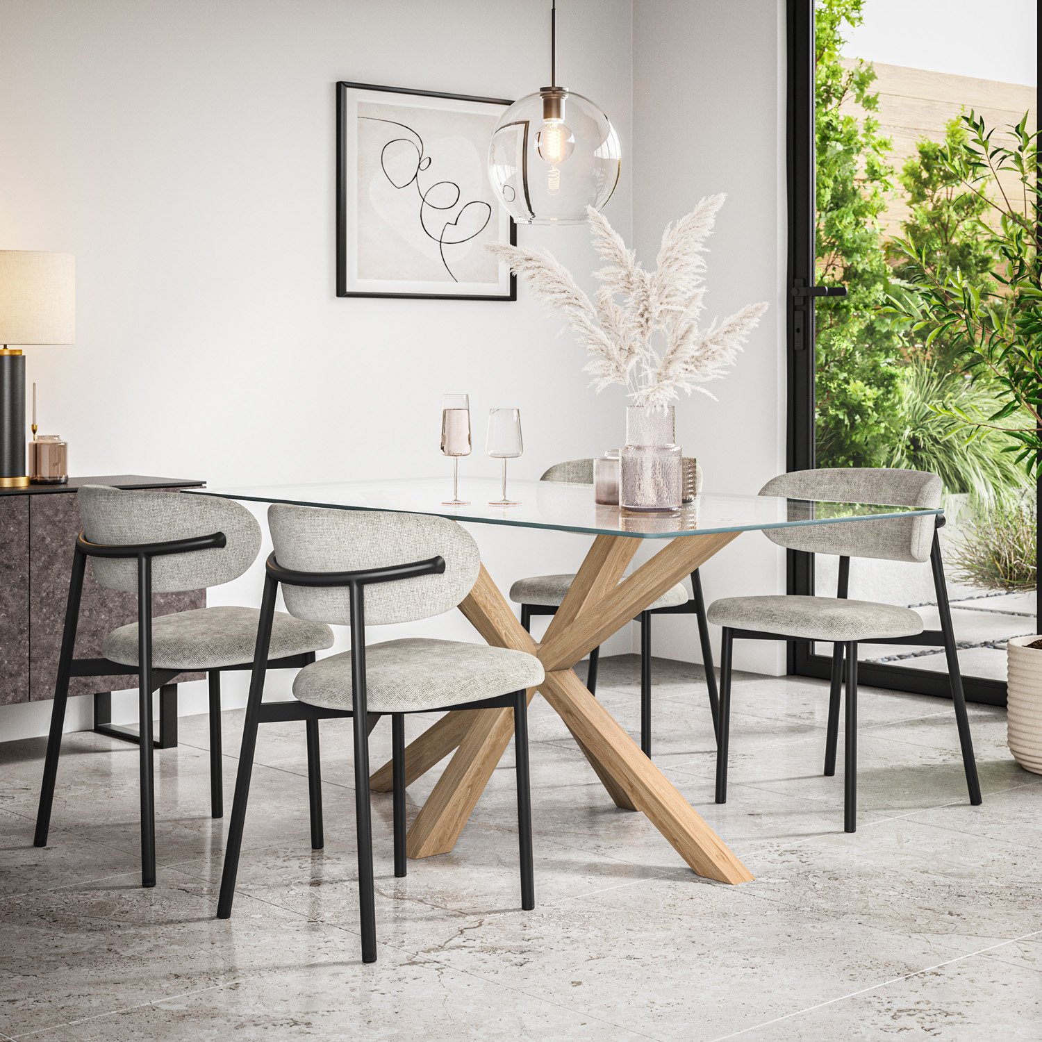 Furniture Online Etta Glass Dining Table & 6 Myla Grey Chairs