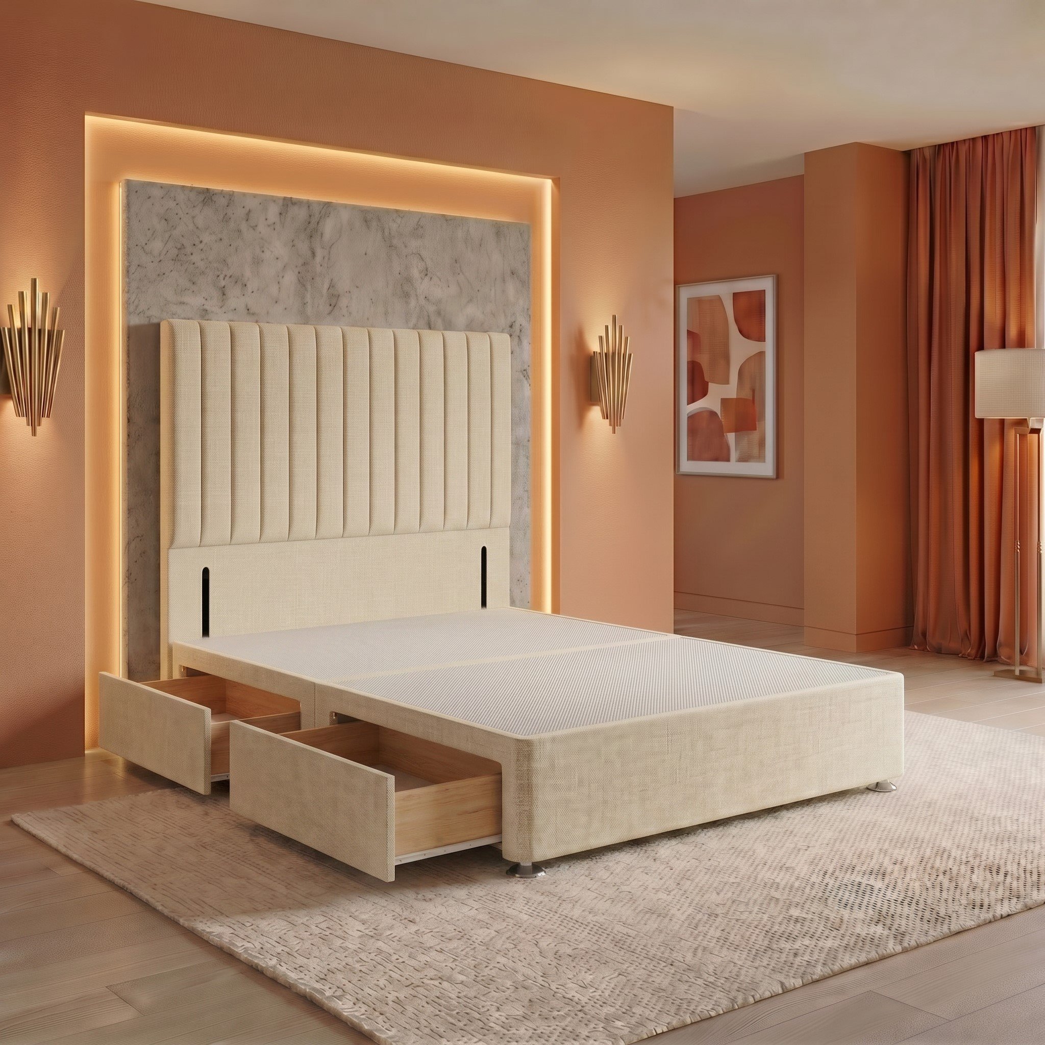 Somnior Heritage Linen Super King 2 Drawer Divan Bed Base 54" Headboard - Beige