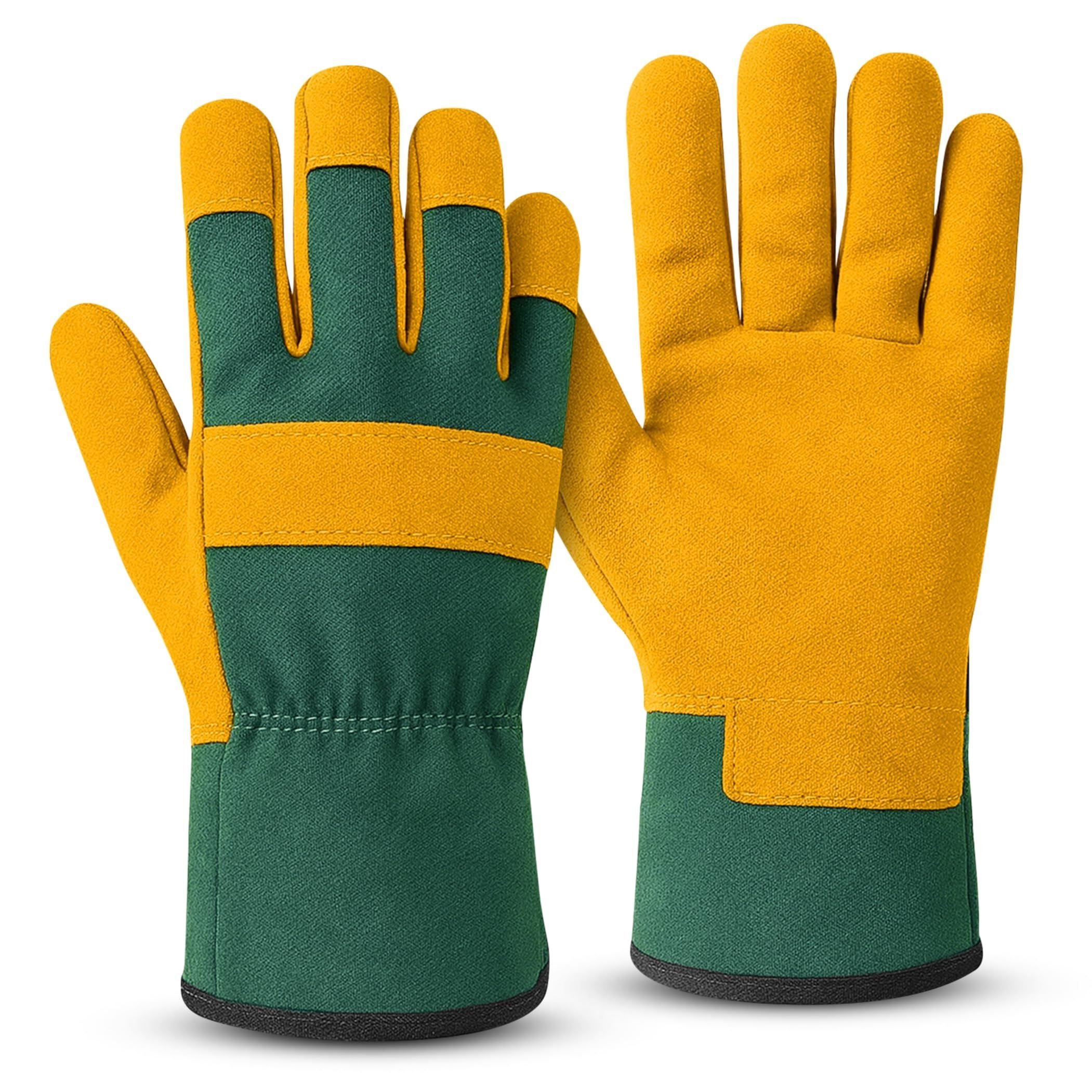 Keplin Leather & Fabric Long Medium Gardening Gloves - Yellow & Green