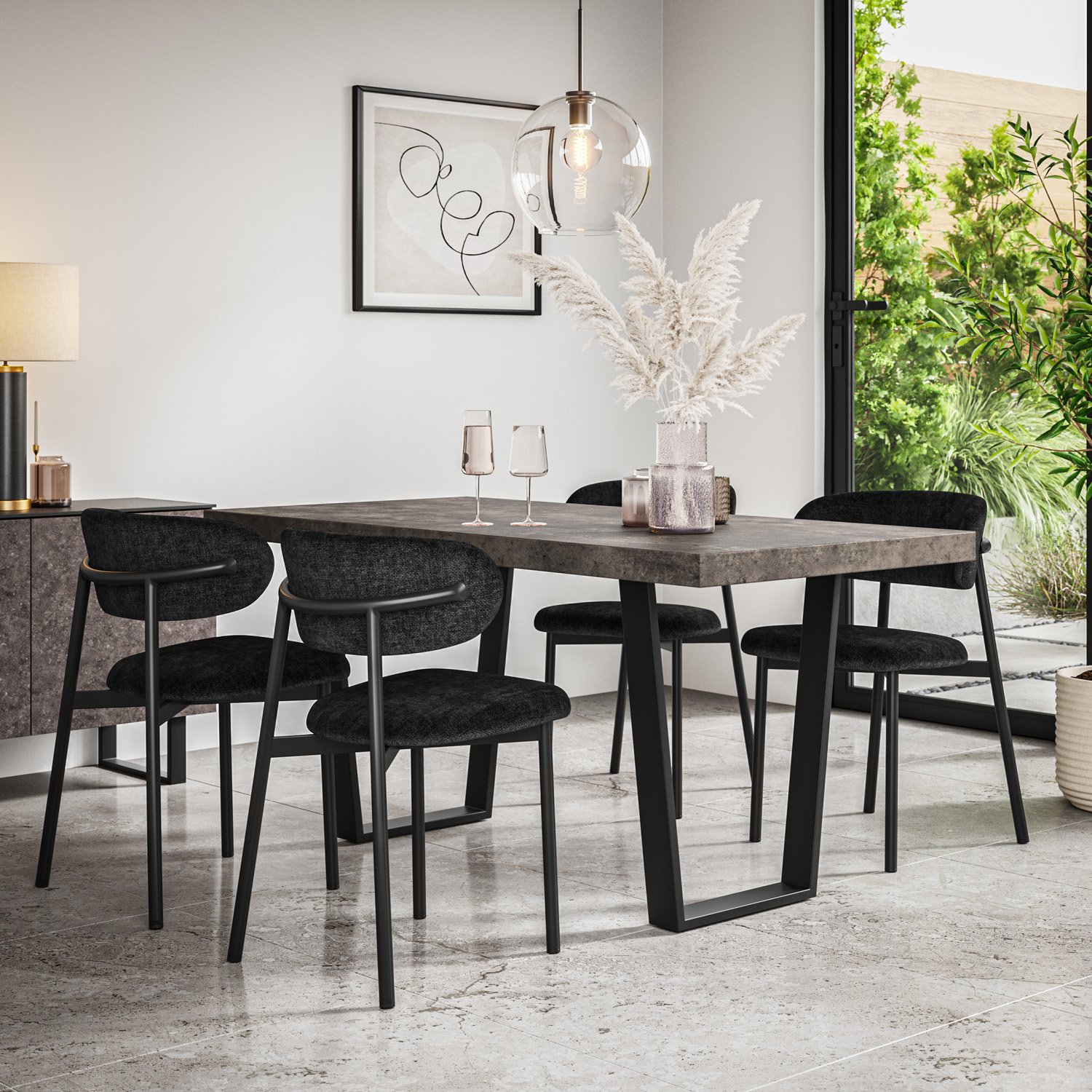 Furniture Online Aria Concrete Effect Dining Table & 4 Myla Black Chairs