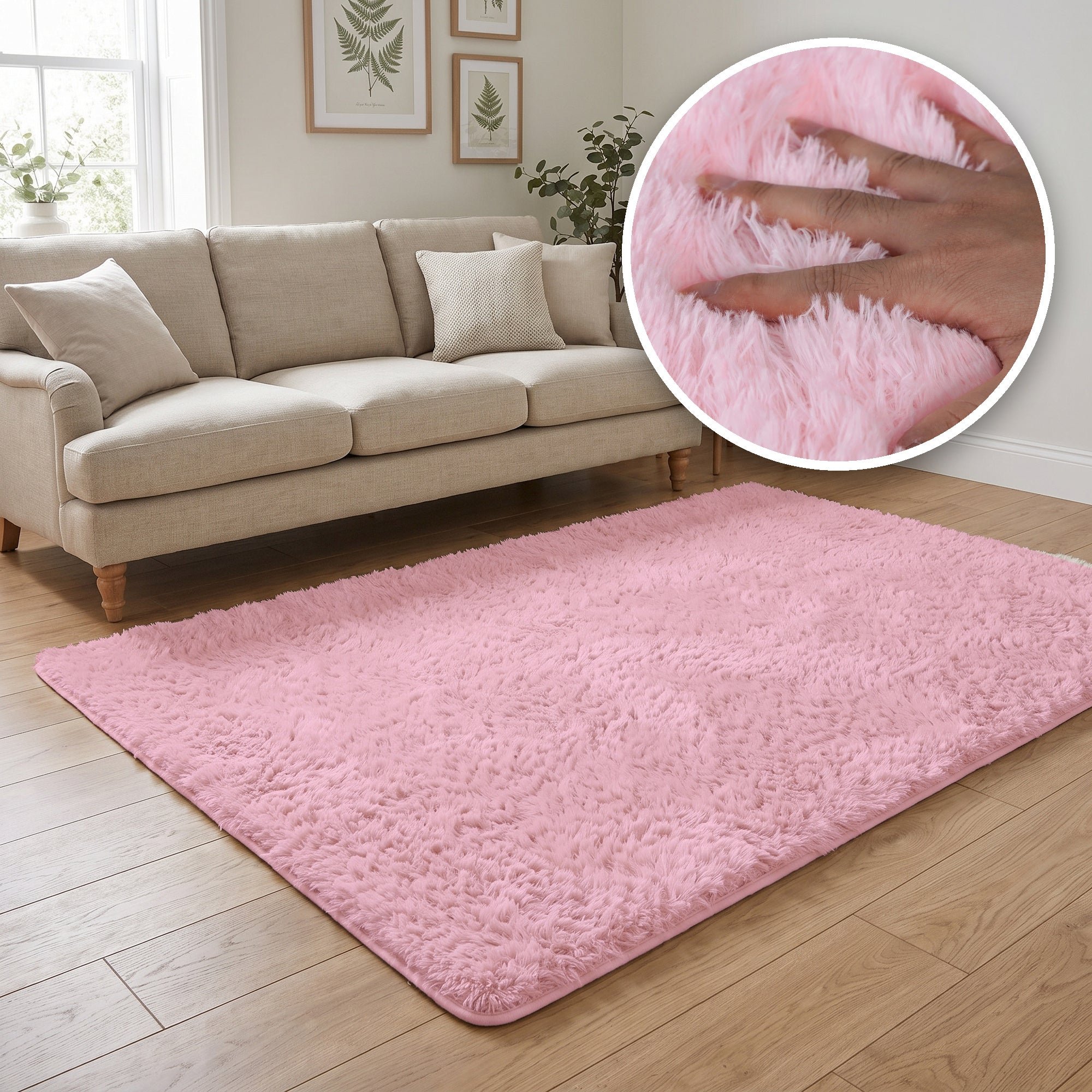 The Rugs Pink Lush Plain Washable Non Slip Shaggy Rug - 50 x 80cm