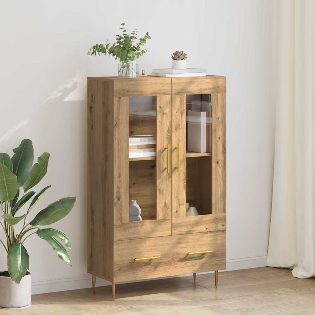 Walplus Engineered Wood Glass Door Highboard - Oak - 69.5 x 31 x 115 cm