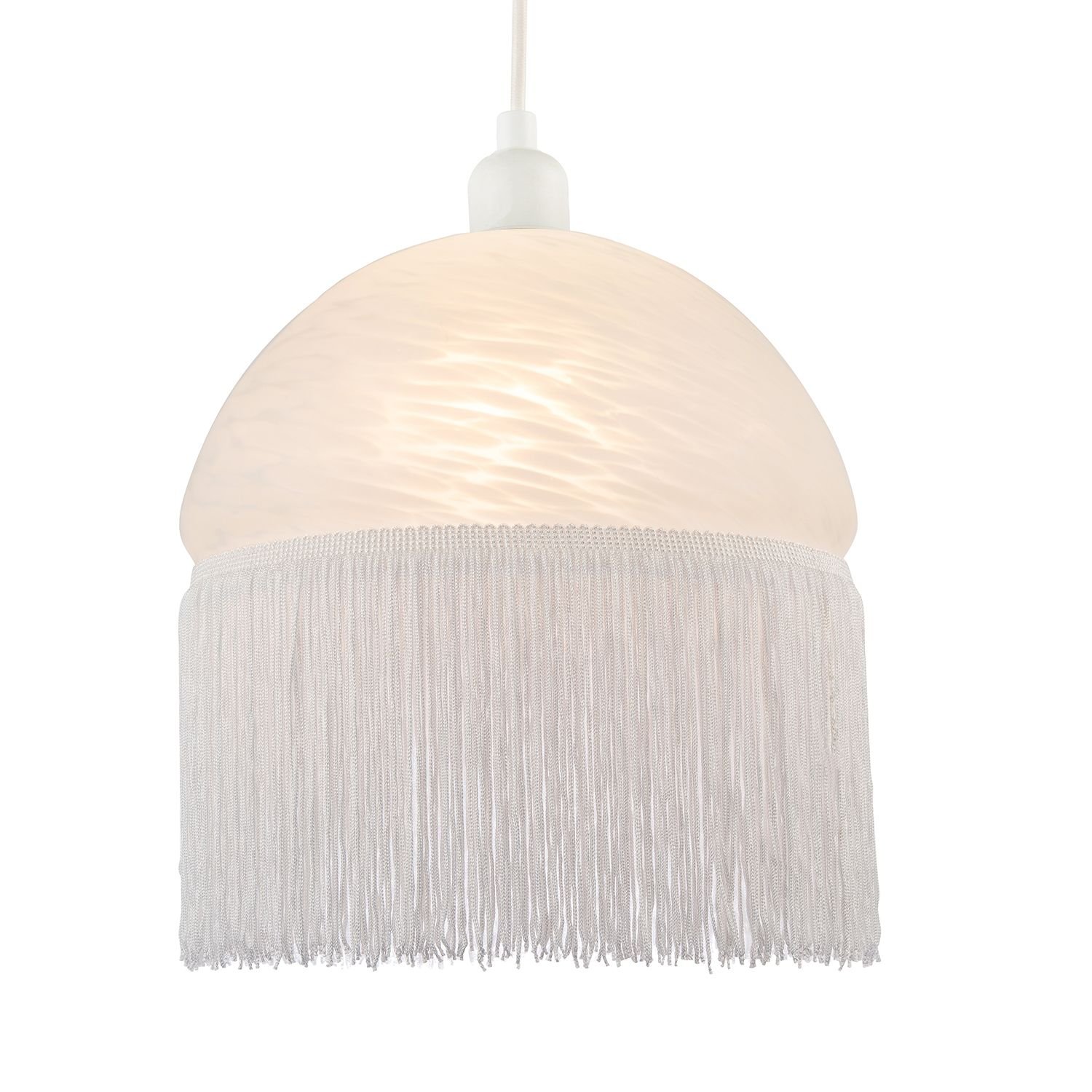 Happy Homewares Opal White Domed Glass with Long Tassels Pendant Shade - 25cm
