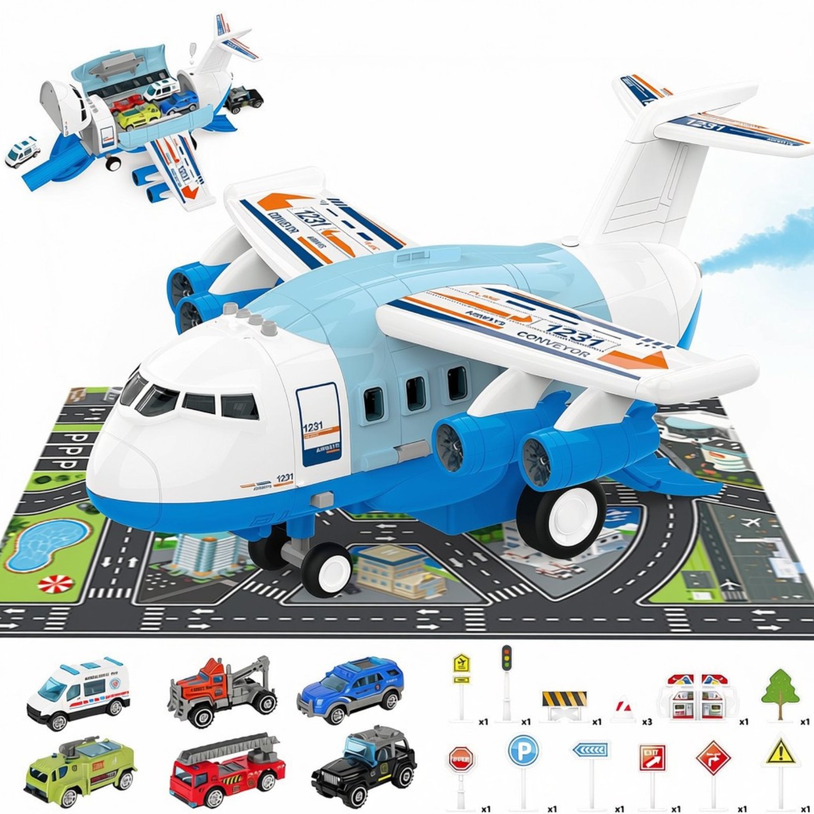 deAO Cargo Airplane And Car Track Play Set - Blue