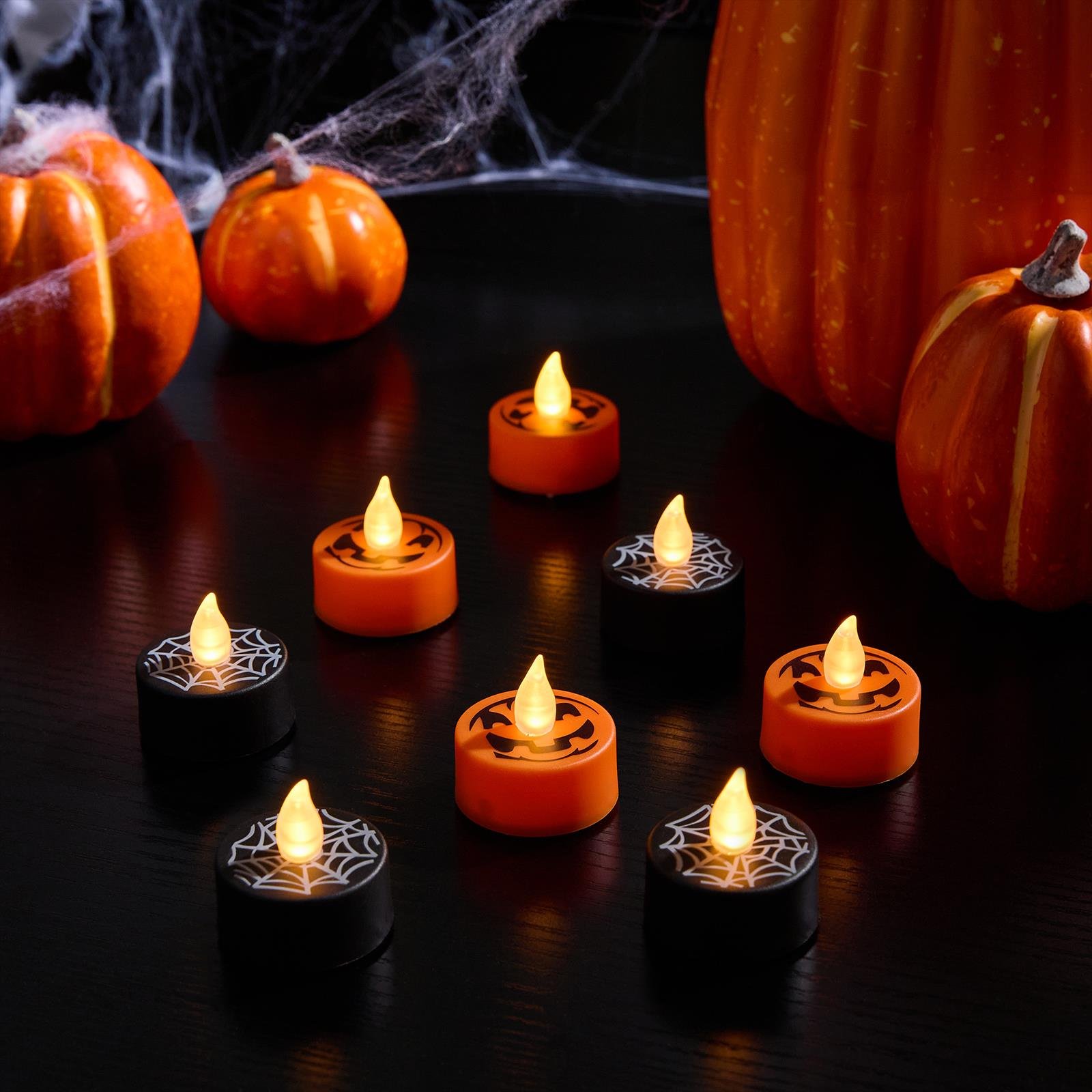 OHS 8 Pack Halloween LED Tealights - Black & Orange