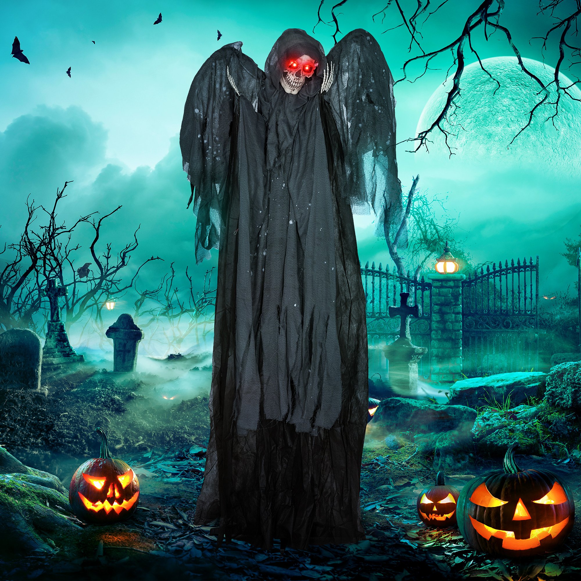 HOMCOM 6.4ft Animated Halloween Winged Grim Reaper Decoration