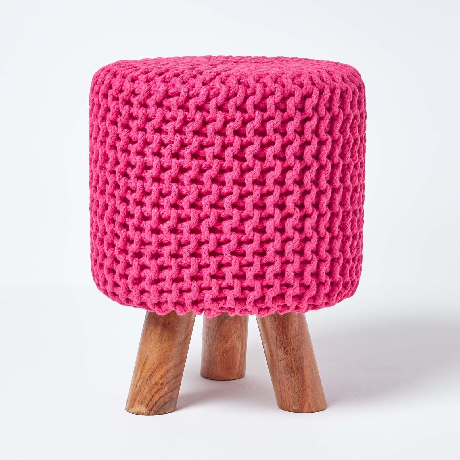 Homescapes Tall Cotton Knitted Footstool with Legs – Hot Pink