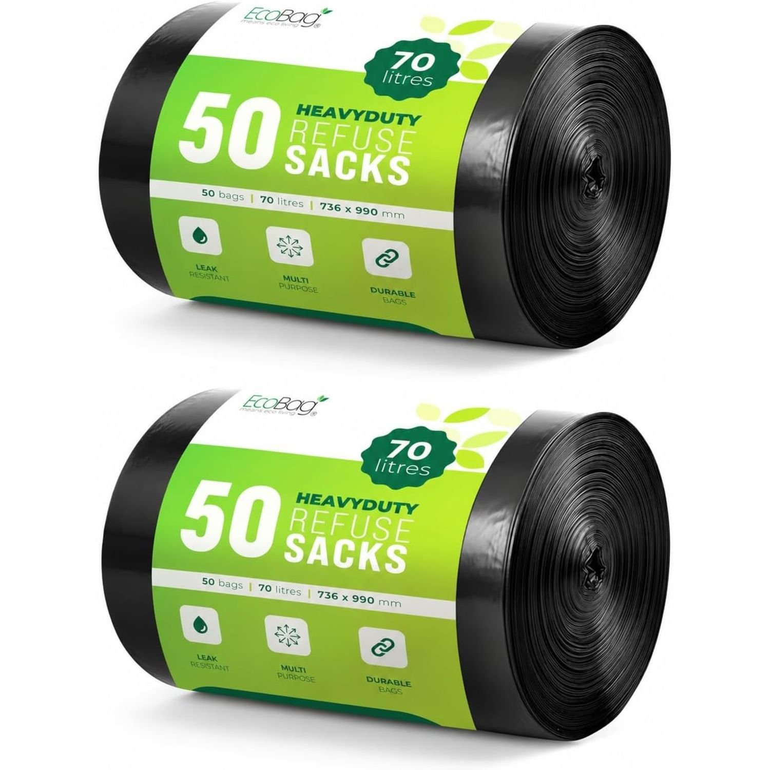 EcoBag 70L 33 Micron Heavy Duty Bin Bags - Pack of 100