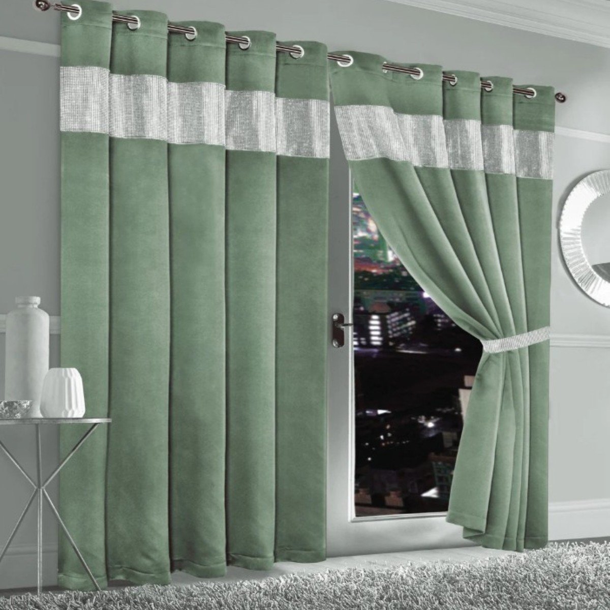 New Edge Blinds Sage Diamante Blackout Eyelet Curtains - 167cm x 137cm
