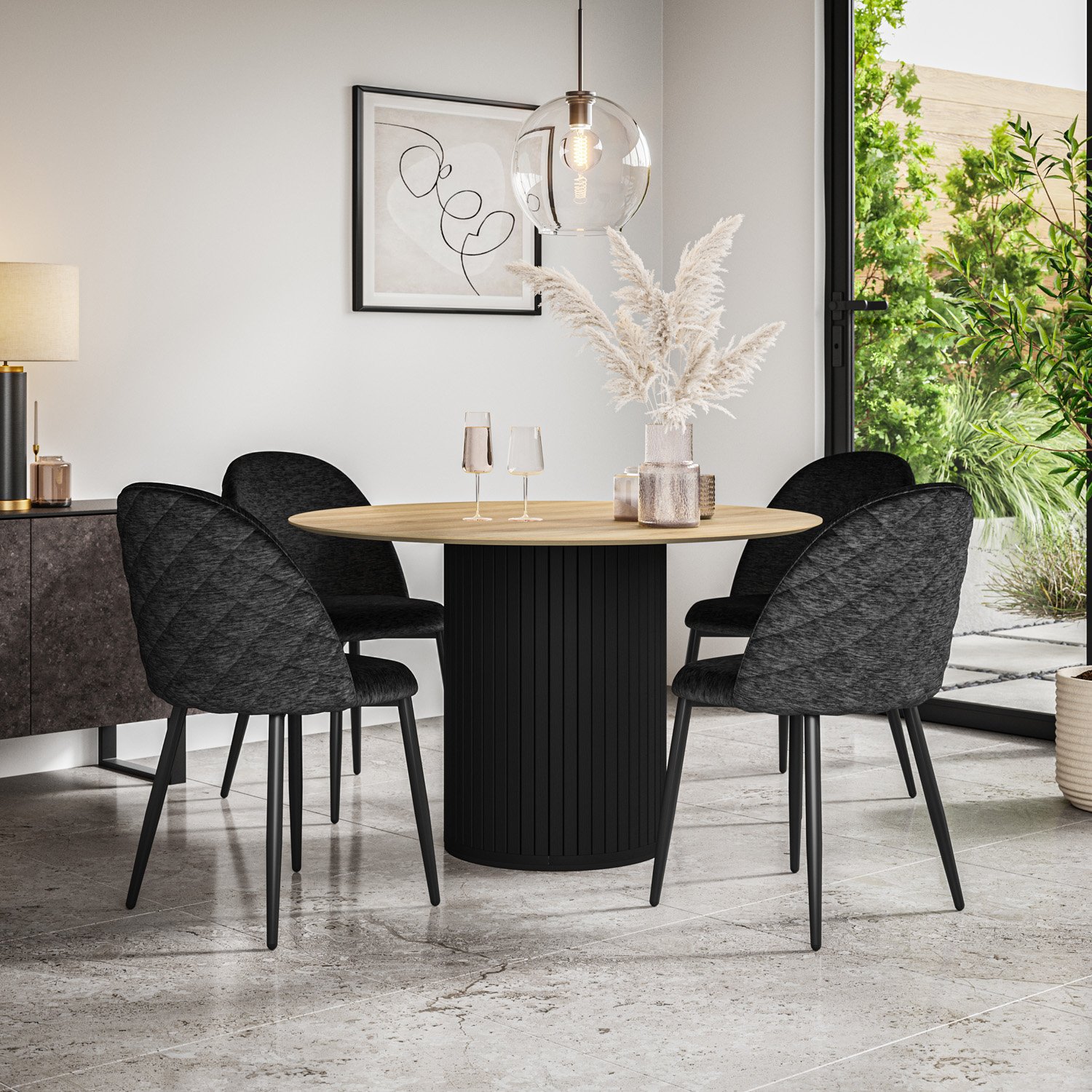 Furniture Online Arlo Raye Oak Top w Blk Legs Dining Table & 4 Black Chairs