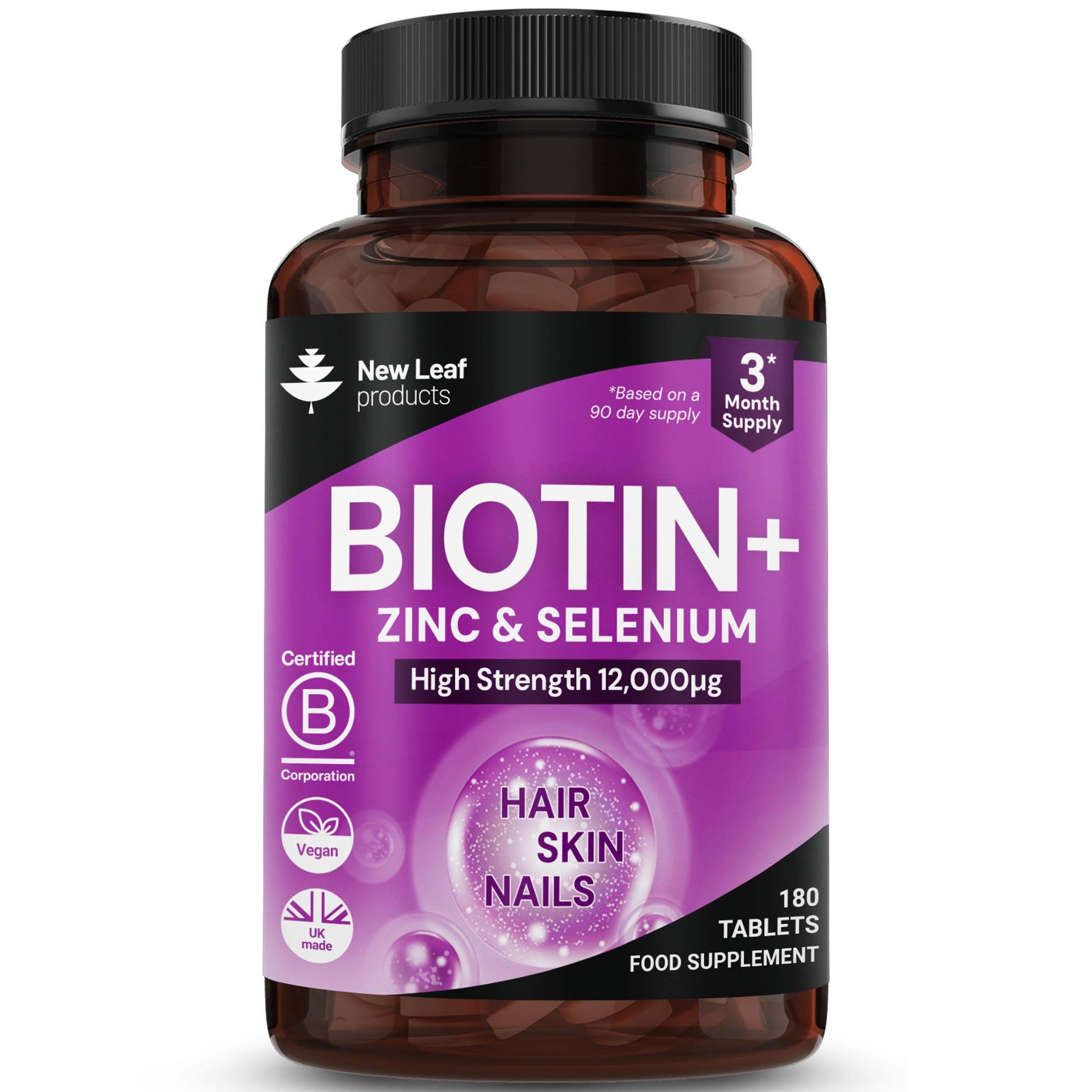 New Leaf Biotin Plus Zinc and Selenium Minerals 12000mg - 180 Tablets