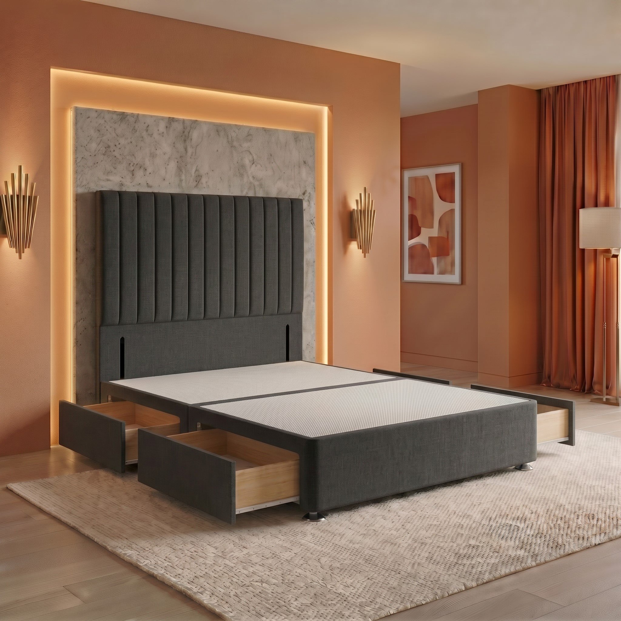 Somnior Heritage Linen King 4 Drawer Divan Bed Base & 54" Headboard - Charcoal
