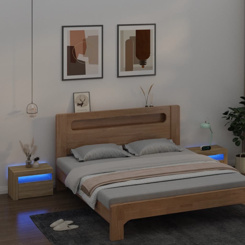Walplus Pack of 2 LED Bedside Cabinet - Light Oak - 60 x 35 x 40 cm