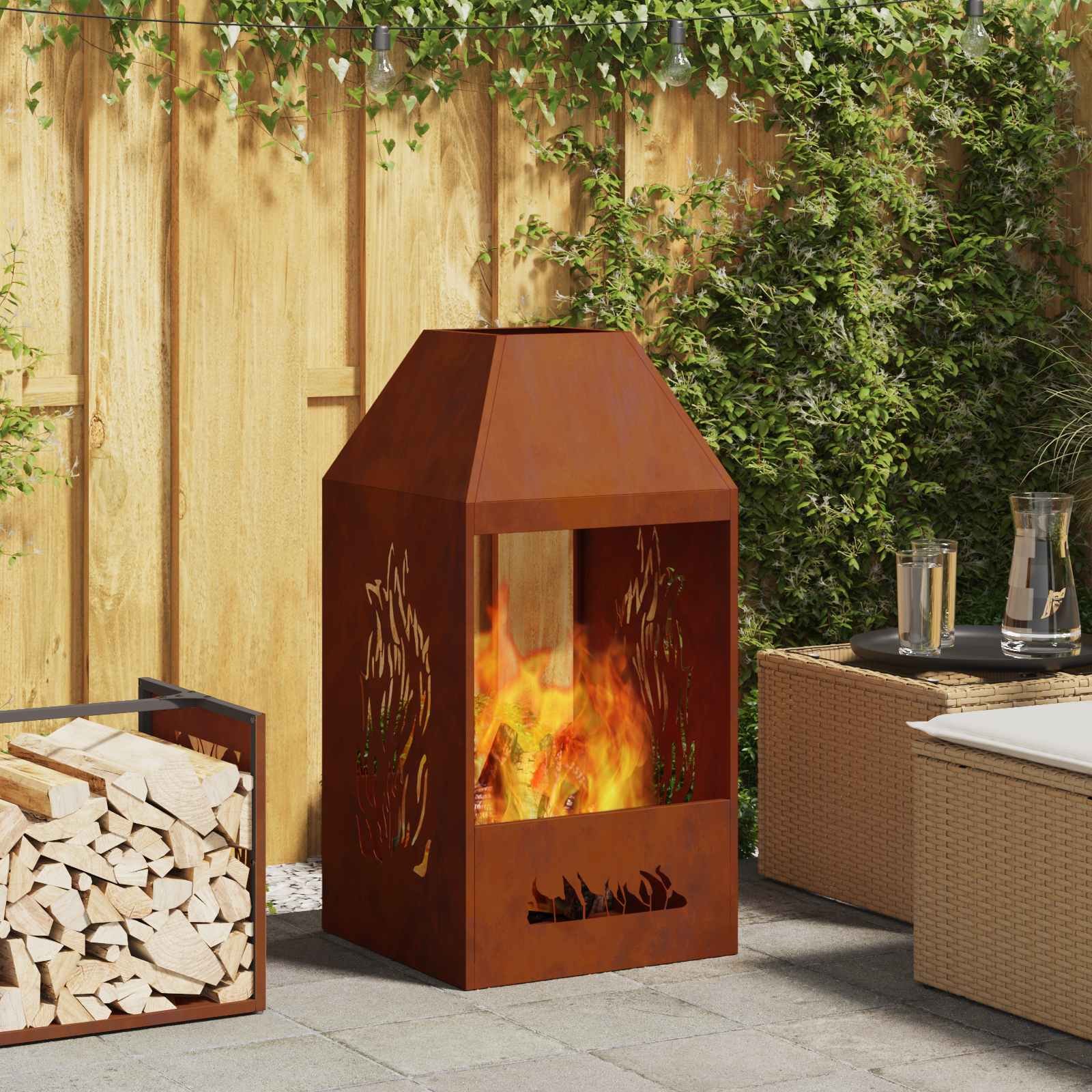 Walplus Steel Fire Pit Weather - Brown - 50 x 50 x 100 cm