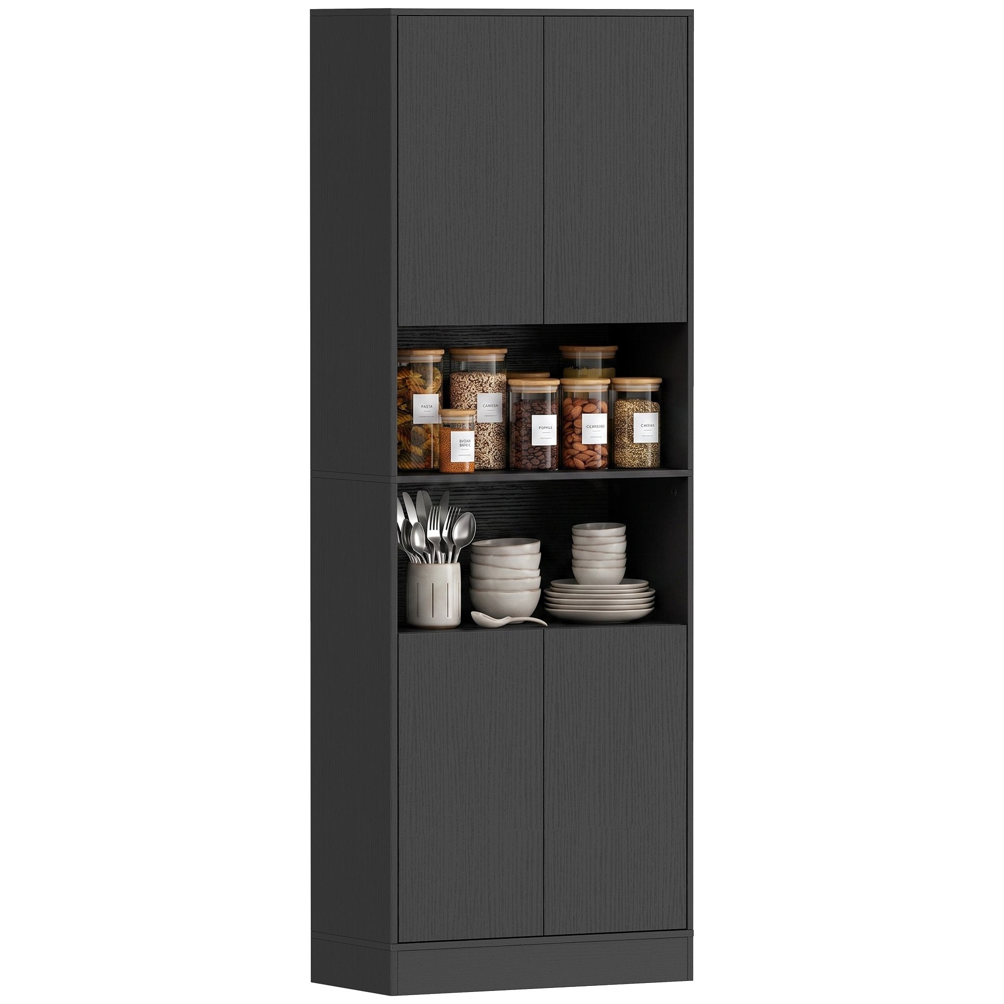 HOMCOM 170 cm Tall Kitchen Cupboard with Soft Close Hinges - Black Wood Effect