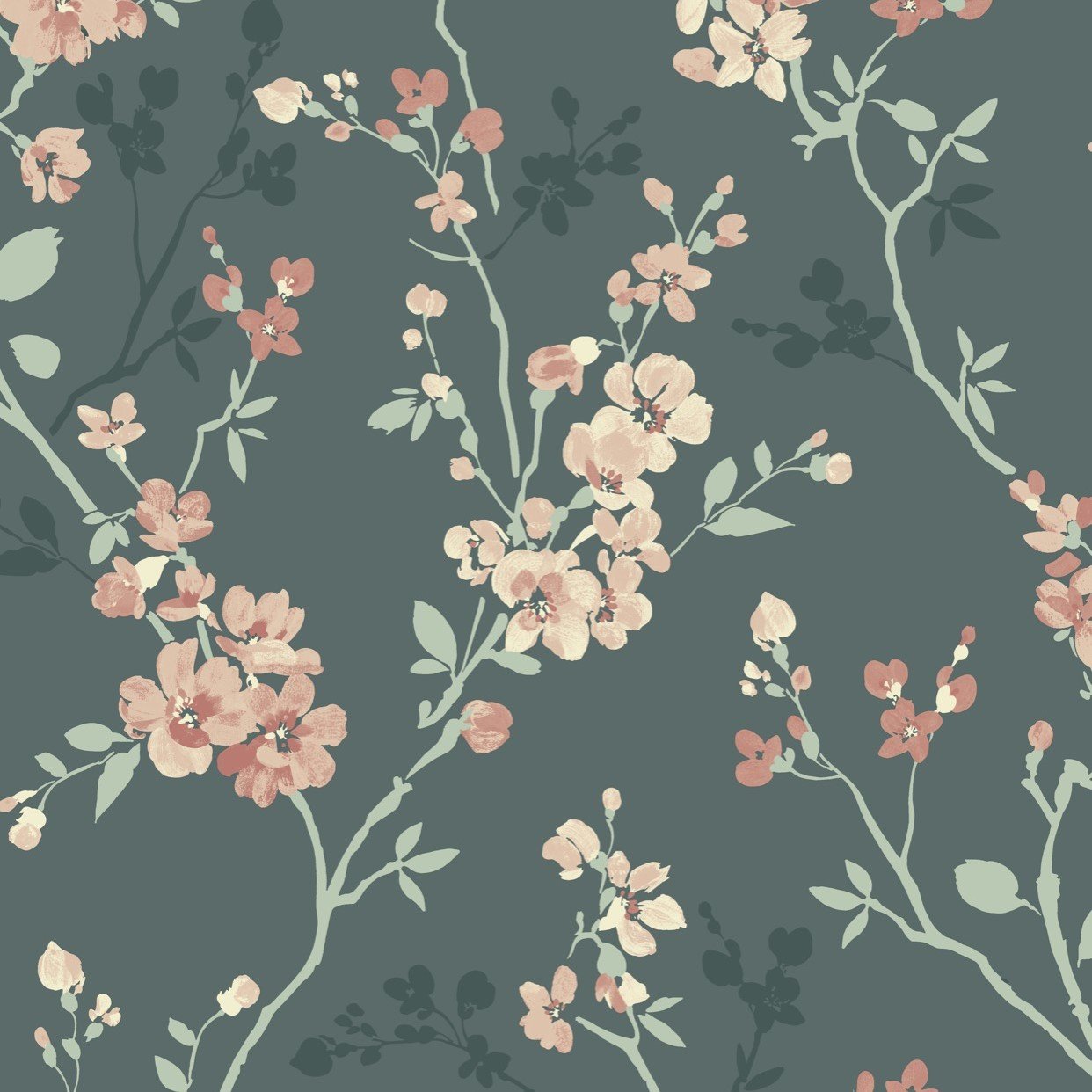 Grandeco Jasmin Floral Cherry Blossom Trail Blown Vinyl Wallpaper - Green