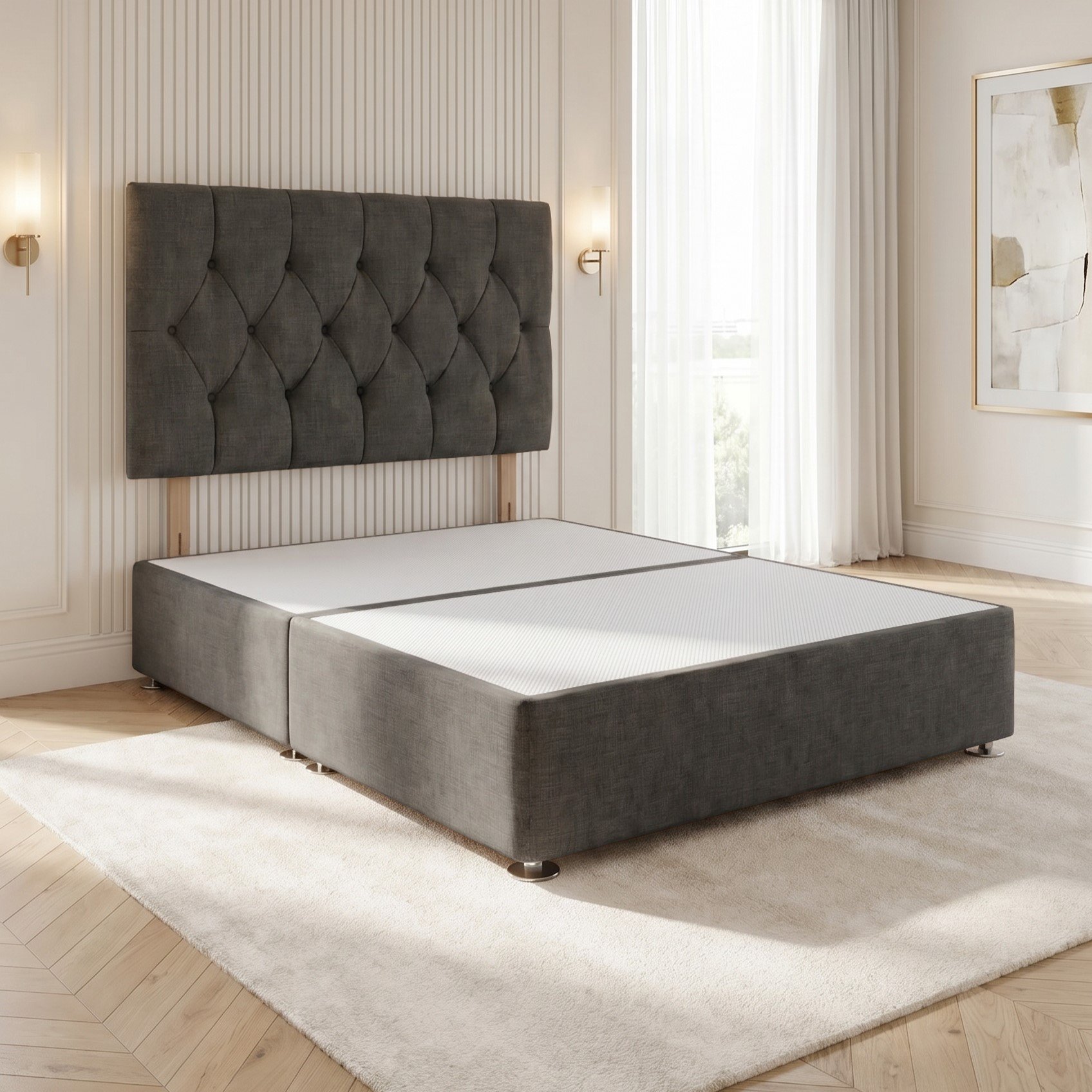 Somnior Chester Linen King Divan Bed with Headboard - Charcoal