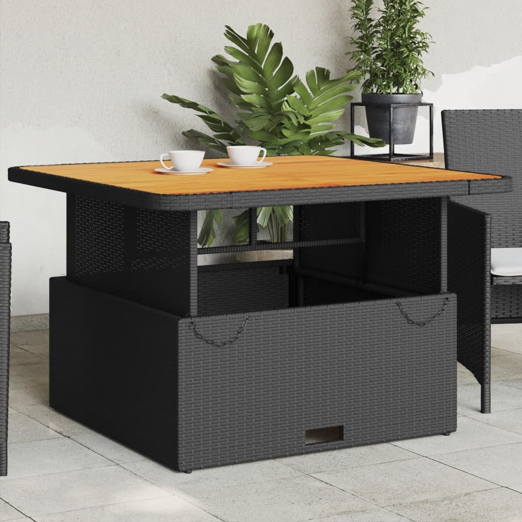 Walplus Poly Rattan Garden Table and Acacia - Black - 110 x 110 x 71 cm