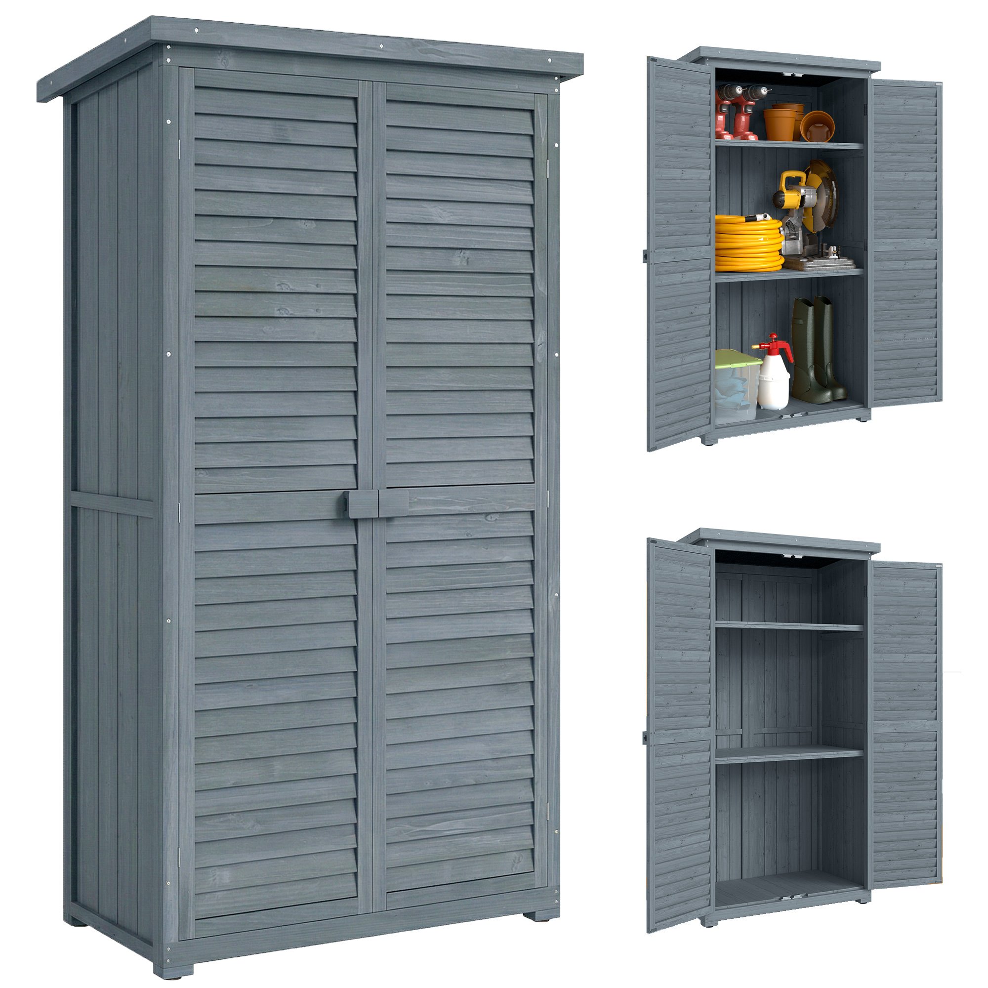 Outsunny Wooden Garden Shed with Asphalt Roof and Shutter Doors - Grey