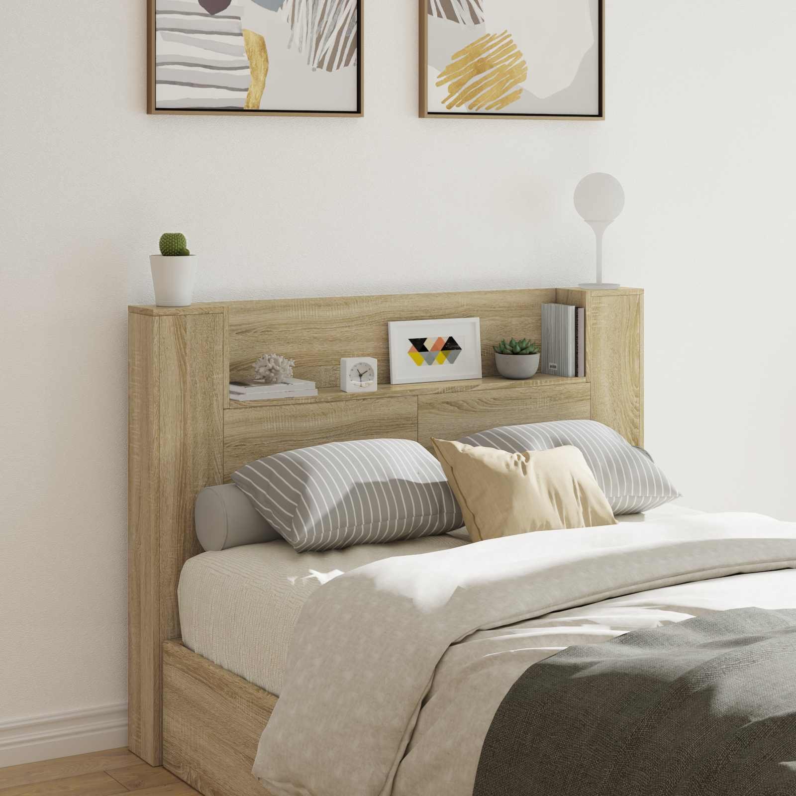 Walplus Engineered Wood LED Headboard Cabinet - Sonoma - 140 x 16.5 x 103.5 cm