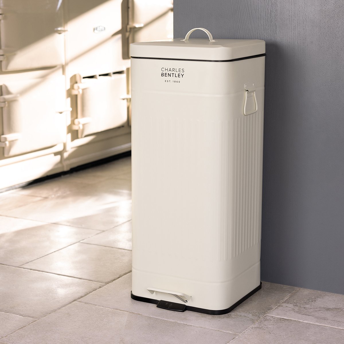 Charles Bentley 30L Steel Square Retro Kitchen Pedal Waste Bin - Cream
