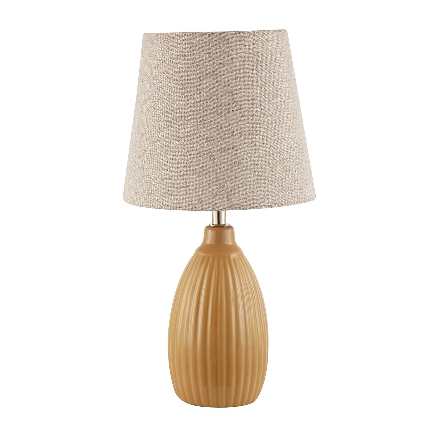 Happy Homewares Mustard Etched Lined Ceramic Gloss with Linen Table Lamp - 12cm
