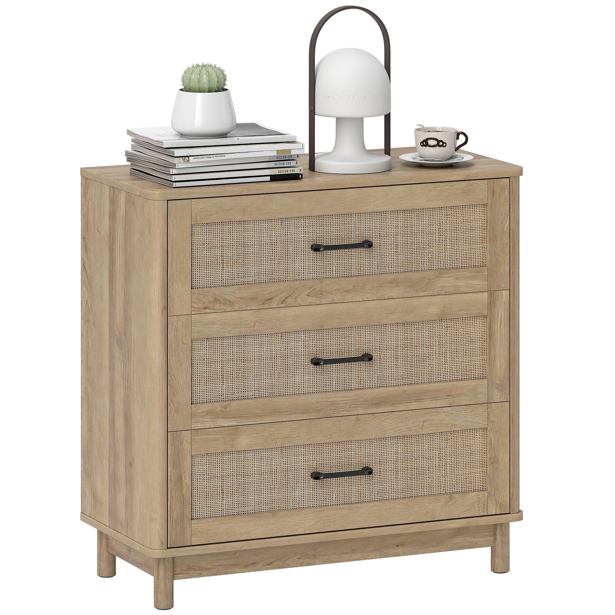 HOMCOM Rattan 3 Drawer Chest with Pine Wood Legs - Oak