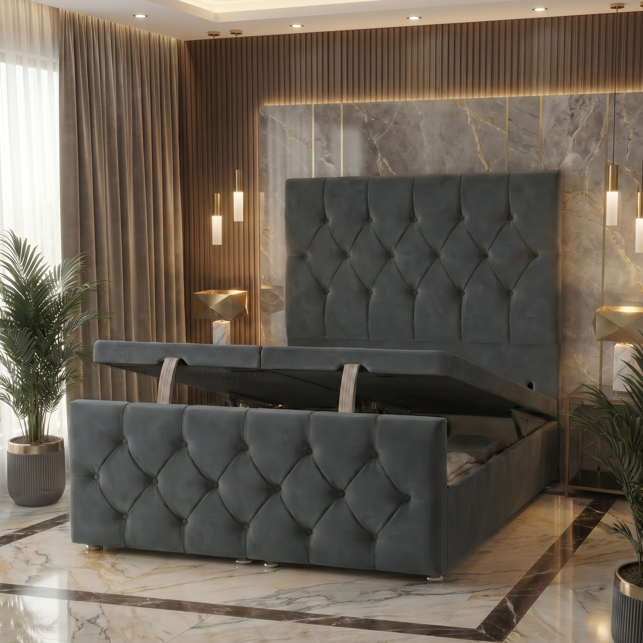 Somnior Chester Velvet Small Double Ottoman Divan Bed with Footboard - Charcoal