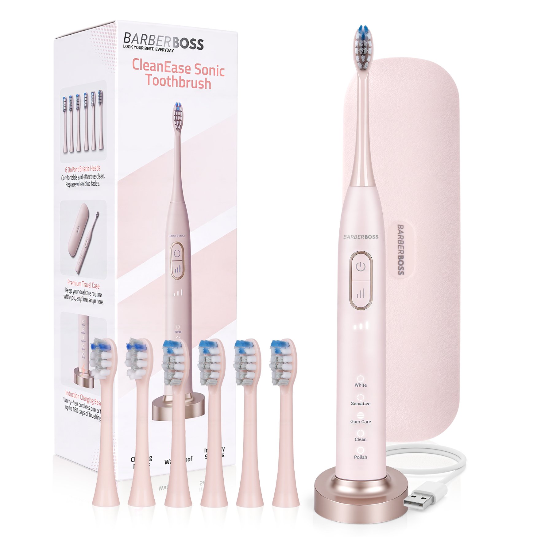 BarberBoss CleanEase Sonic Electric Toothbrush Pink - 6 Brush Heads 