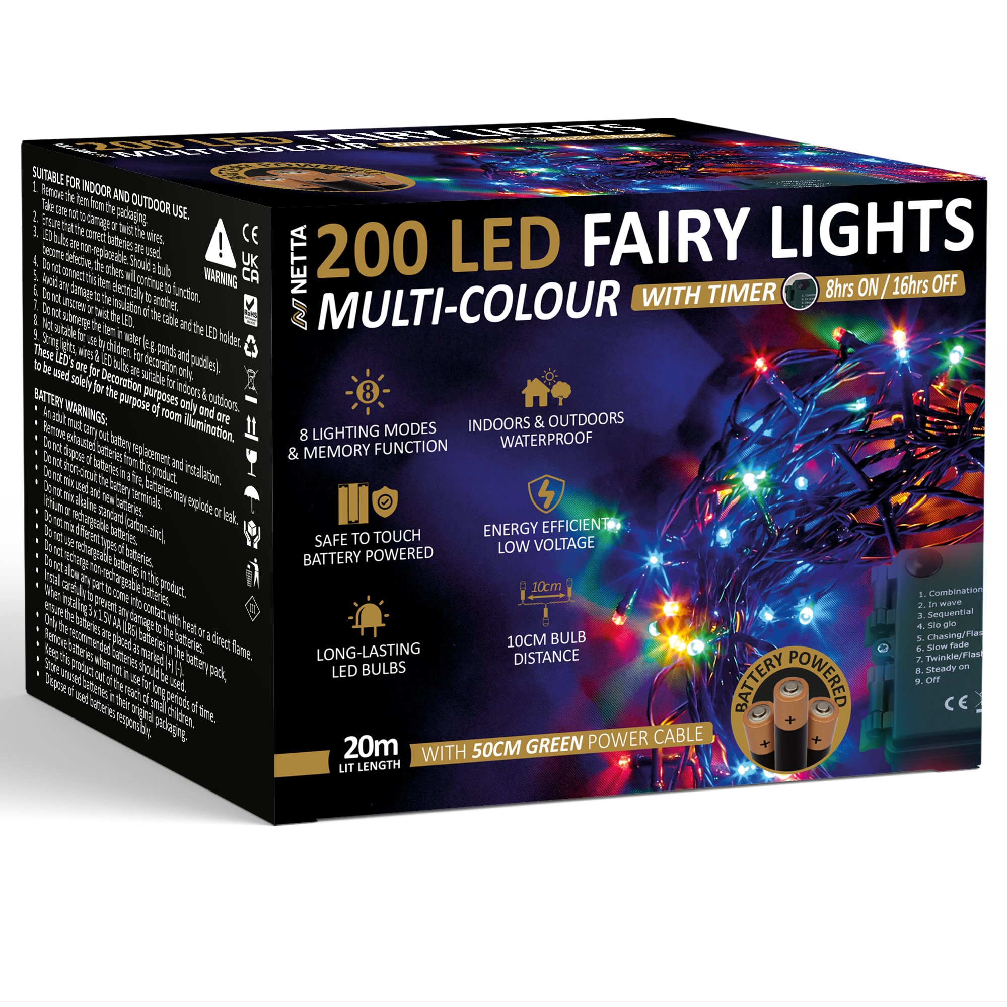 NETTA 20m 200 LED Battery Operated Christmas Fairy Lights -Multi Colour
