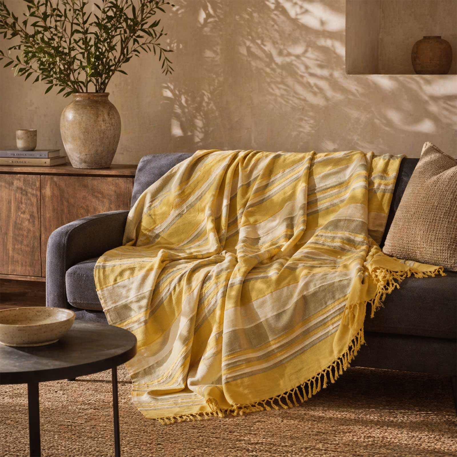 Homescapes Cotton Morocco Striped Throw - 225 x 255 cm - Yellow