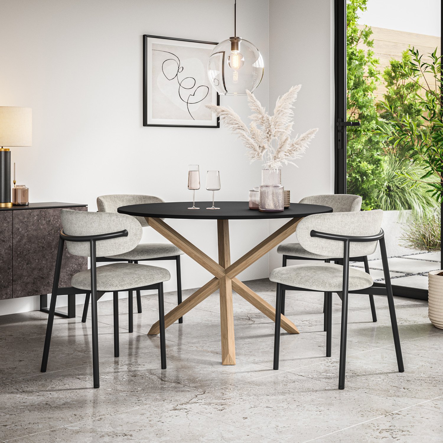 Furniture Online Malvern Round Black Dining Table & 4 Myla Grey Chairs