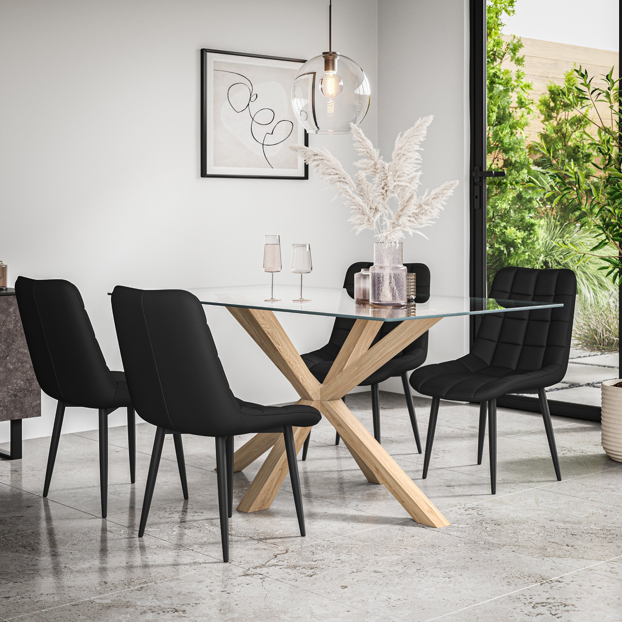 Furniture Online Etta Nova Glass Top Dining Table & 6 Black Chairs