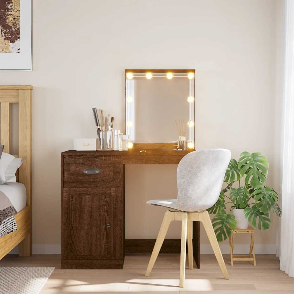 Walplus LED Glass Dressing Table - Brown Oak - 90 x 42 x 132.5 cm