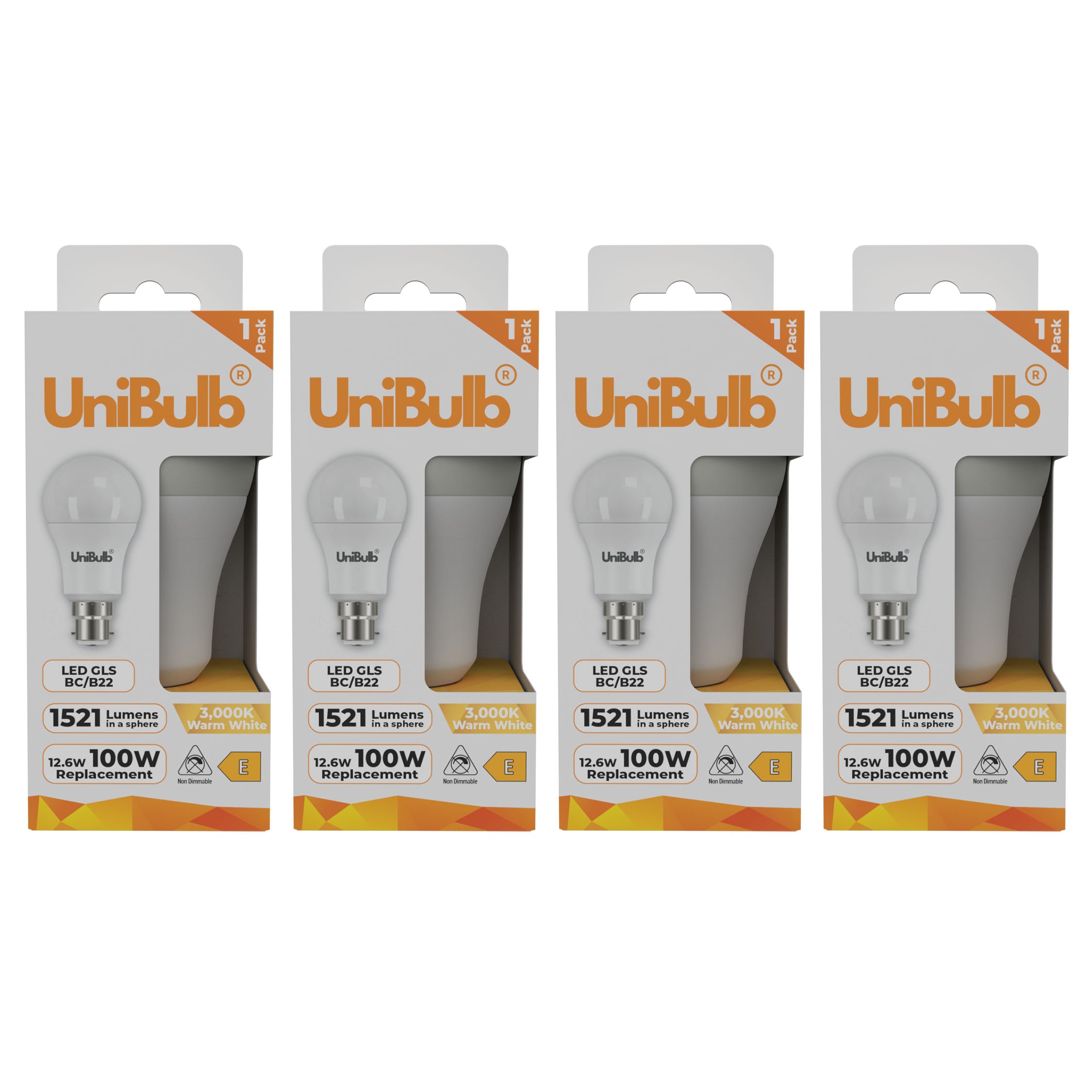 UniBulb 12.6W LED Warm White GLS B22 Light Bulb - Pack of 4