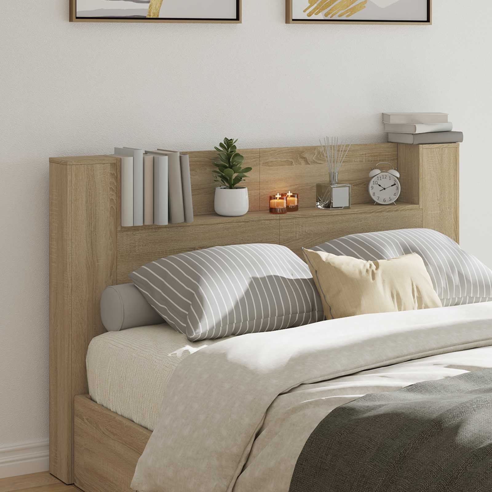 Walplus Wood LED Storage Headboard - Light Oak - 160 x 16.5 x 103.5 cm