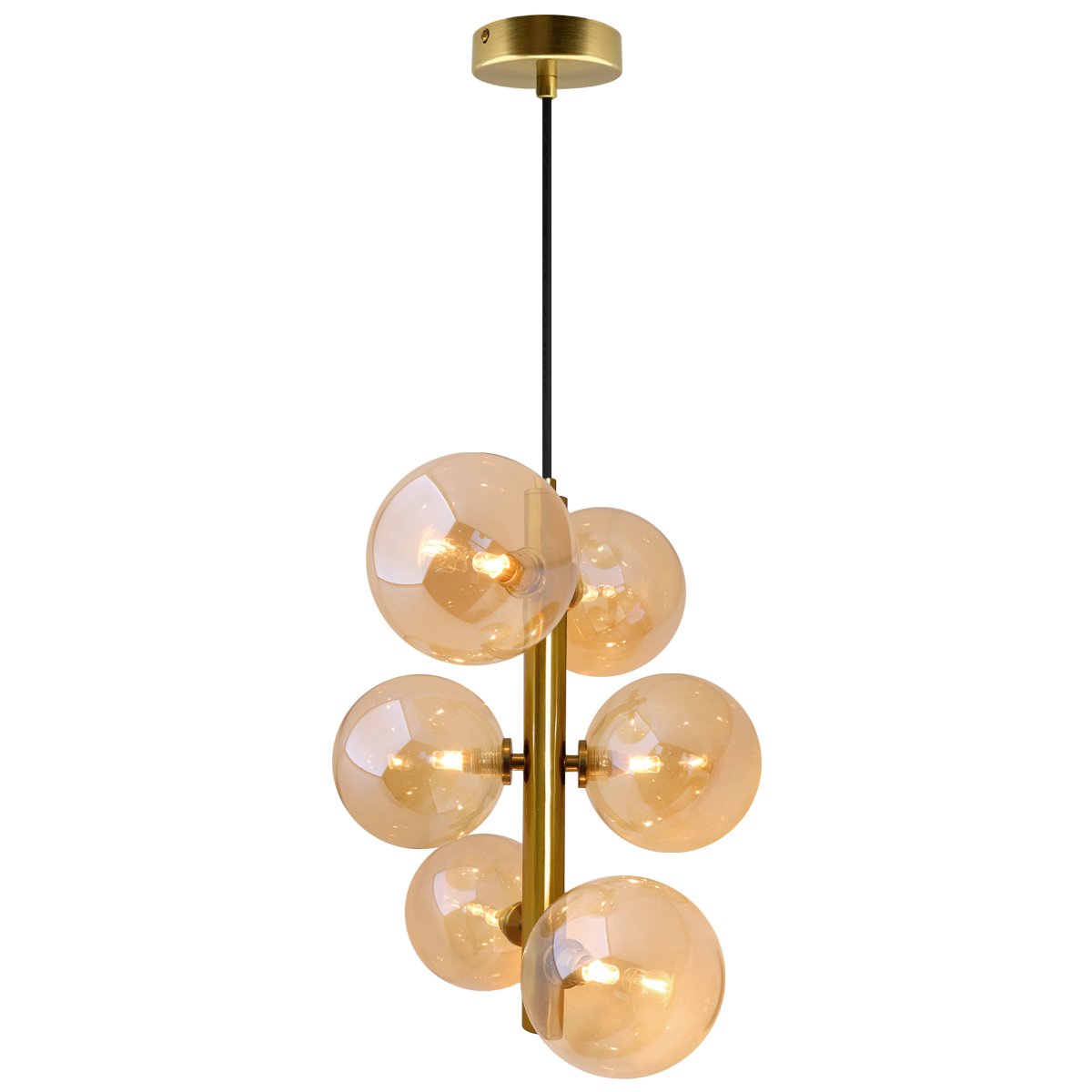 Energy Light Bulbs Cluster 6 Light Amber Glass Ceiling Pendant Light - Brass