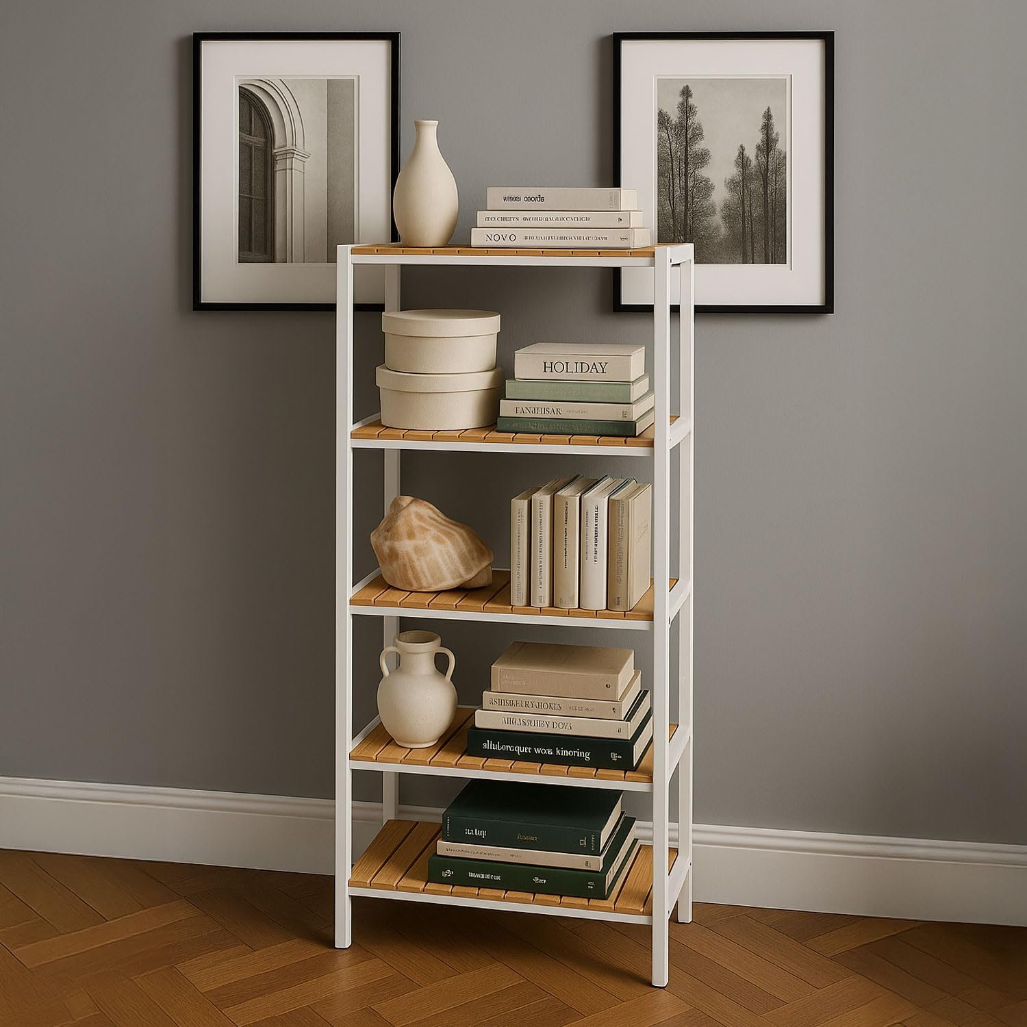 Neo 5 Tier Bamboo Storage Shelf Shelves Rack - White & Natural