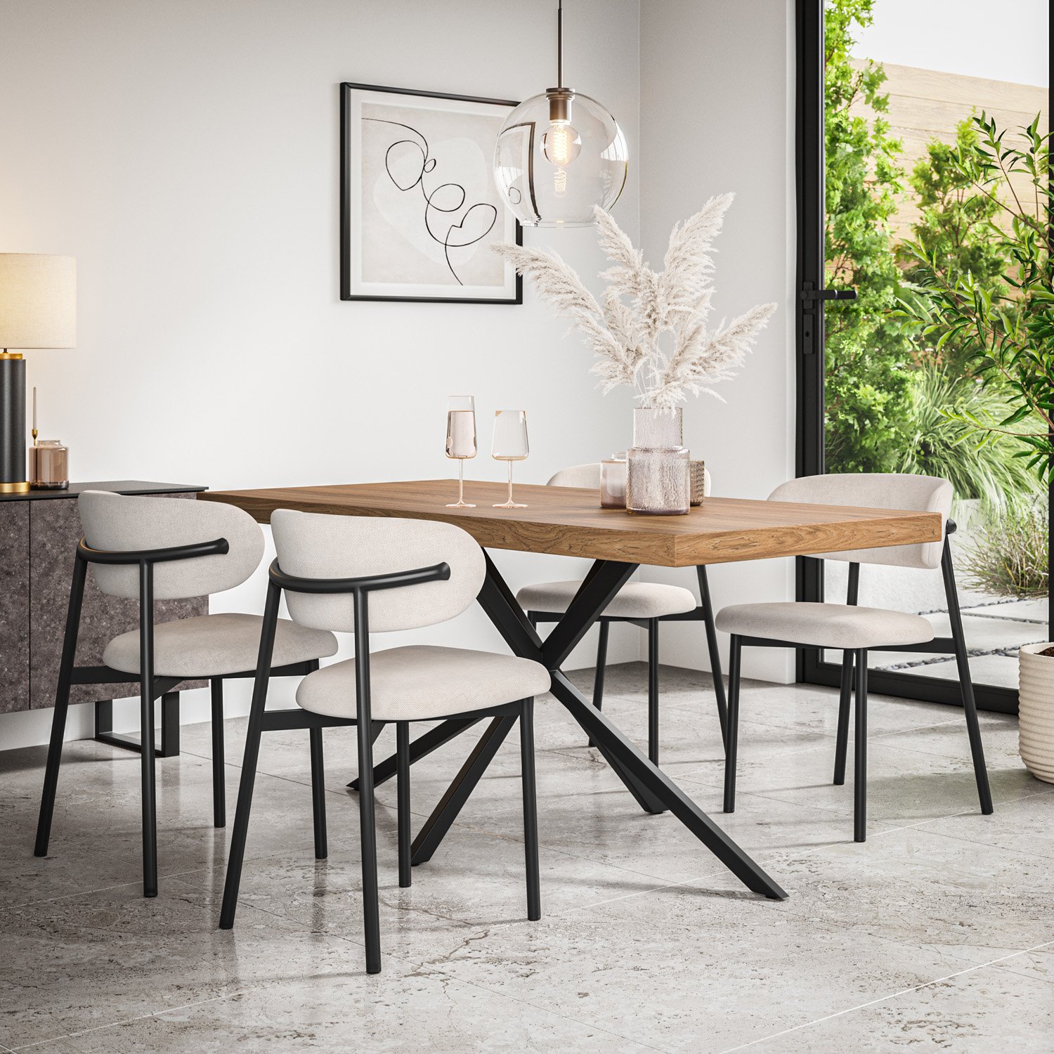 Furniture Online Donni Oak Effect Dining Table & 6 Myla Beige Chairs