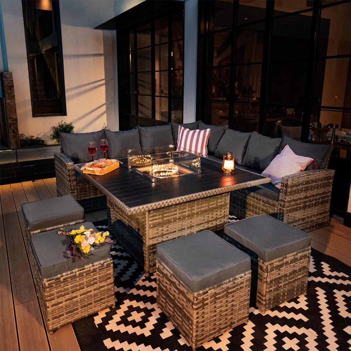 Furniture Maxi Rosen Rattan Effect 11 Seater Fire Pit Sofa Set - Grey