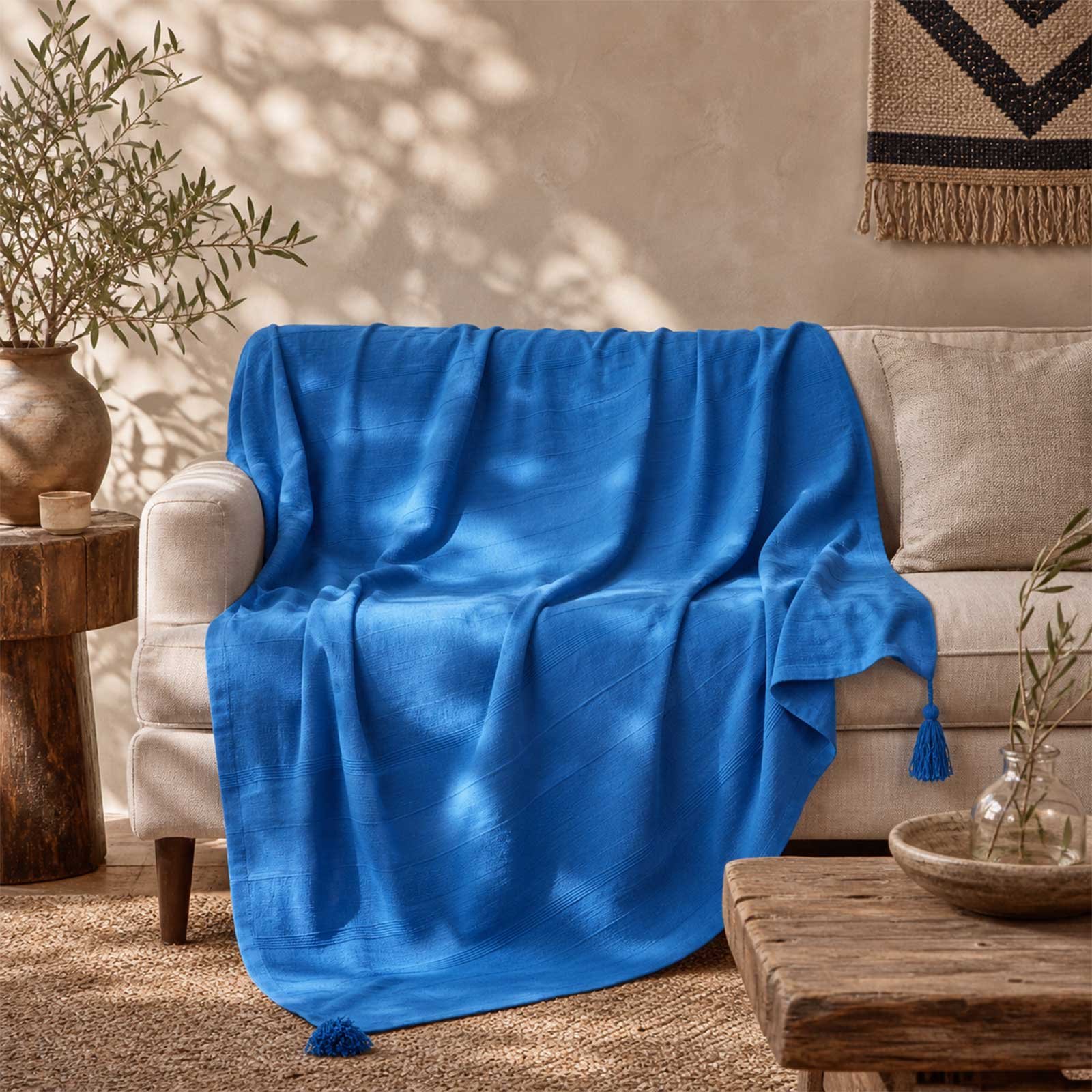 Homescapes Cotton Rajput Ribbed Throw - 255 x 360 cm - Blue