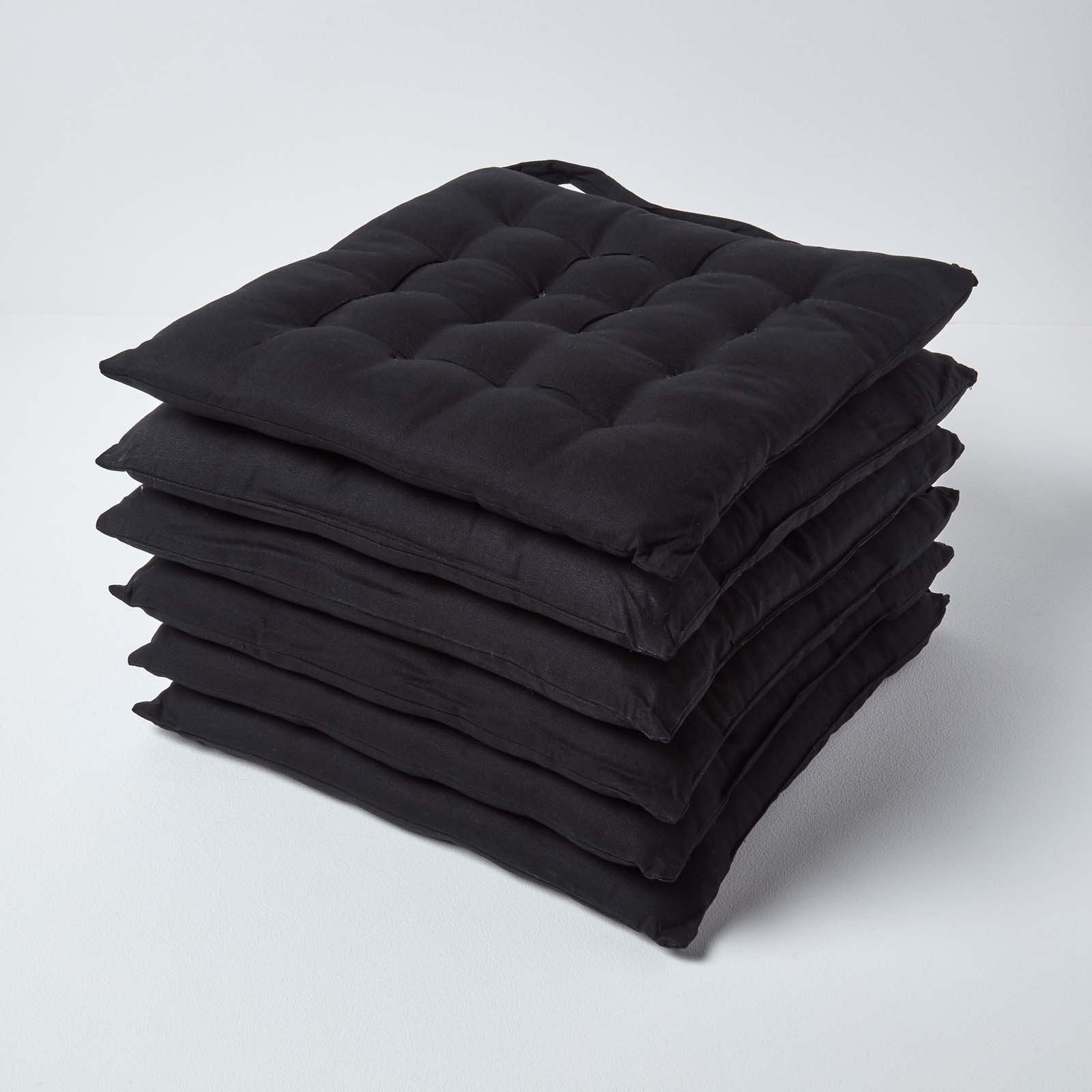 Homescapes Pack of 6 Cotton Seat Pad Chair Cushions - Black