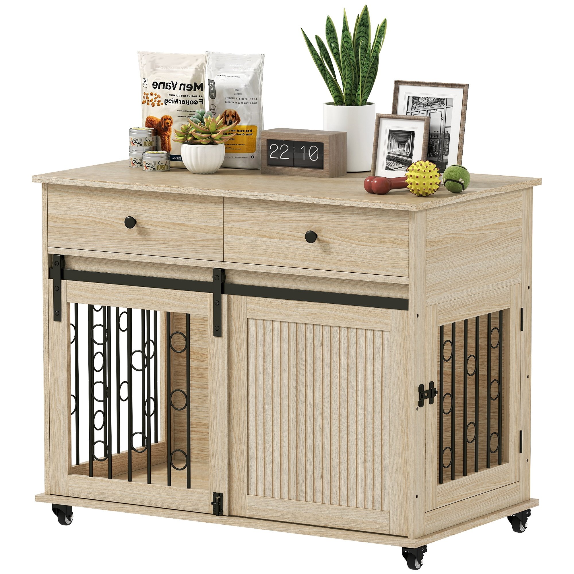 PawHut 100cm 2 Drawer Sliding Door Wheeled Dog Crate – Oak