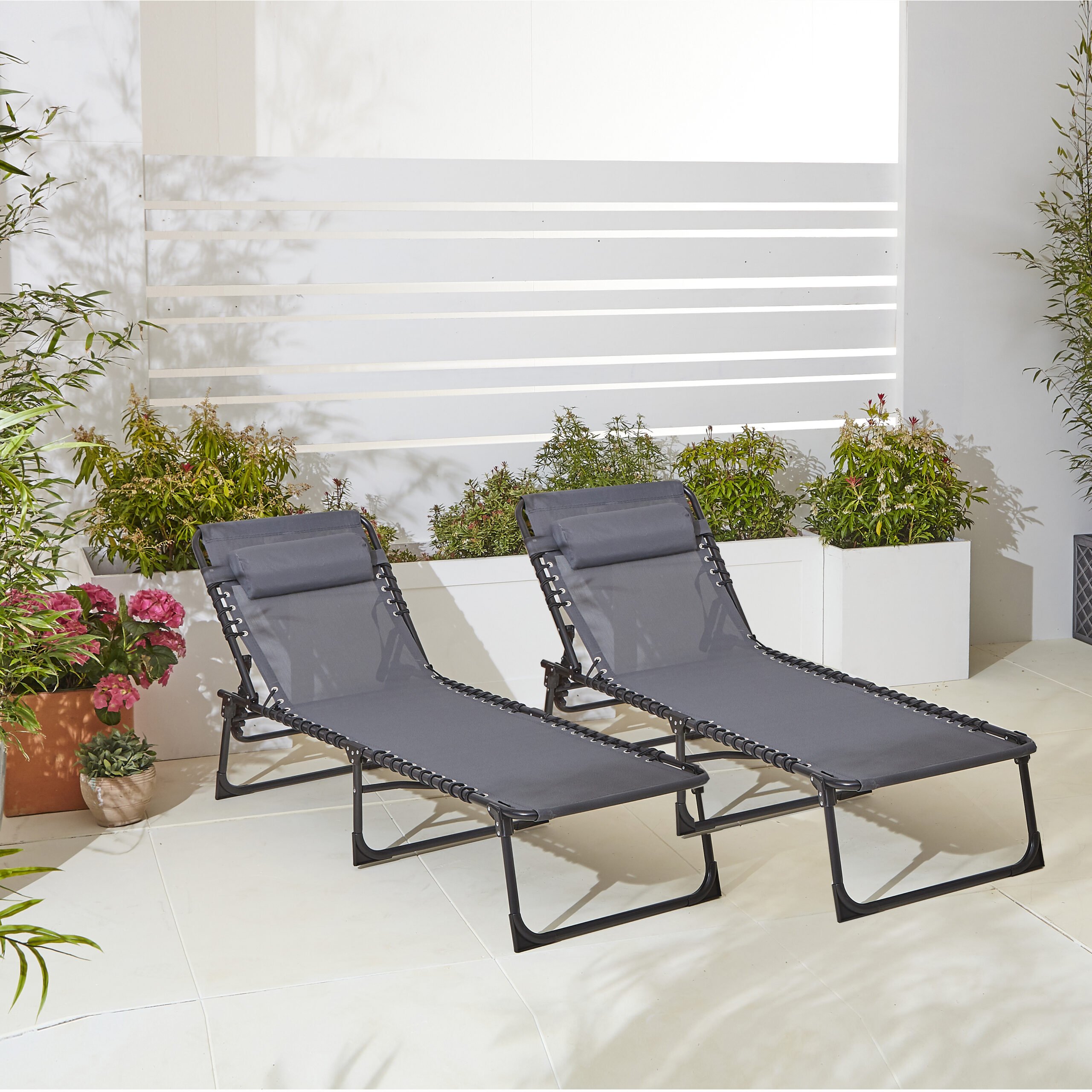 Neo Pair of Grey Outdoor Folding Sun Loungers